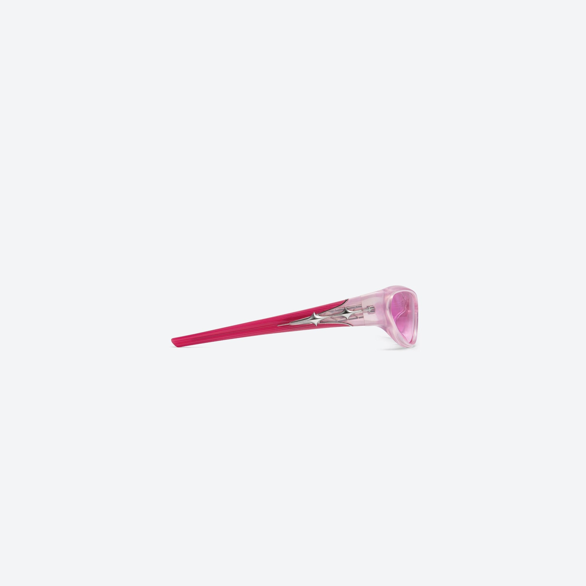 A detailed right view of Gentle Monster Limitless SPC9 Pink Acetate framed Wraparound sunglasses.