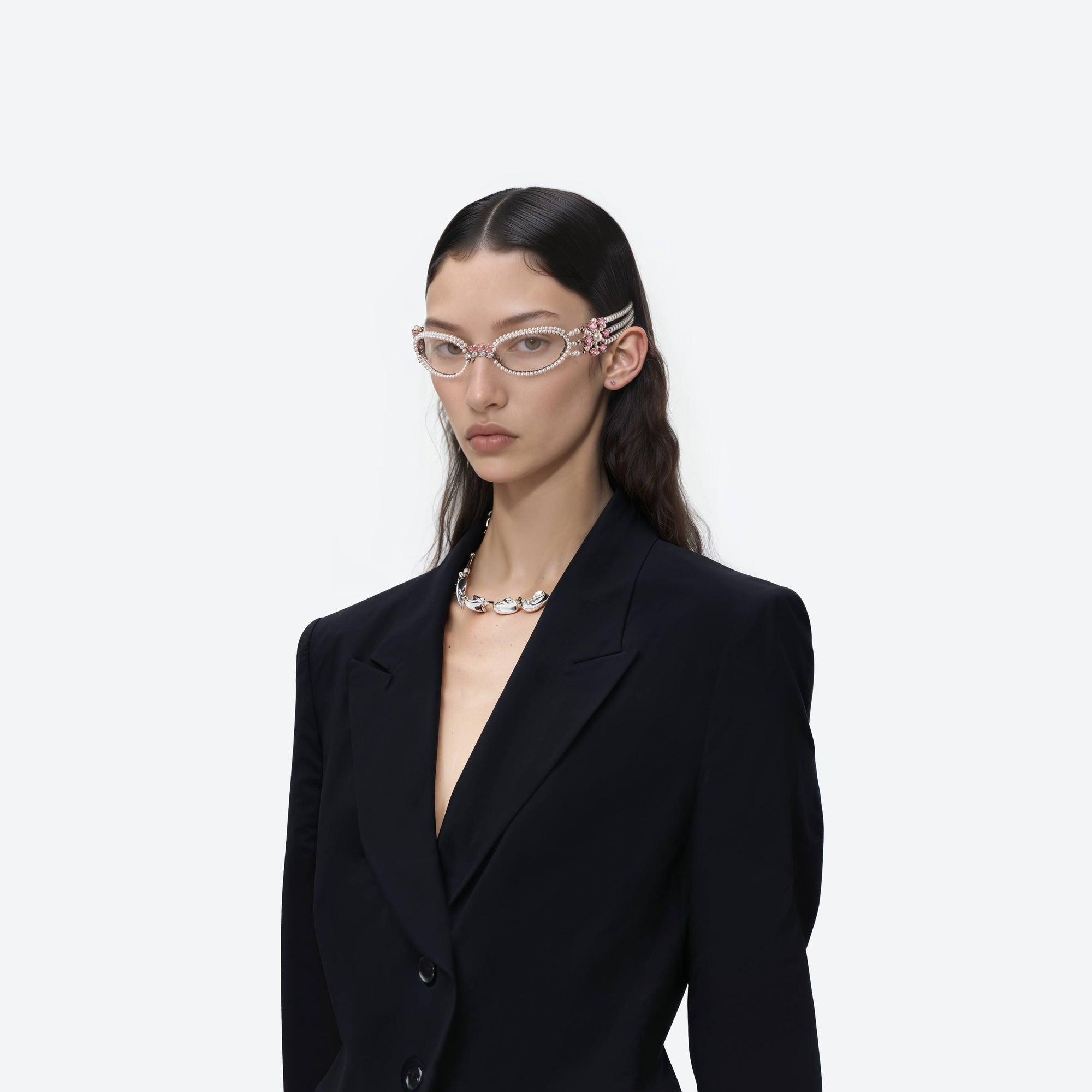 Model wearing the Bijou De 02 Silver Metal framed Oval sunglasses.