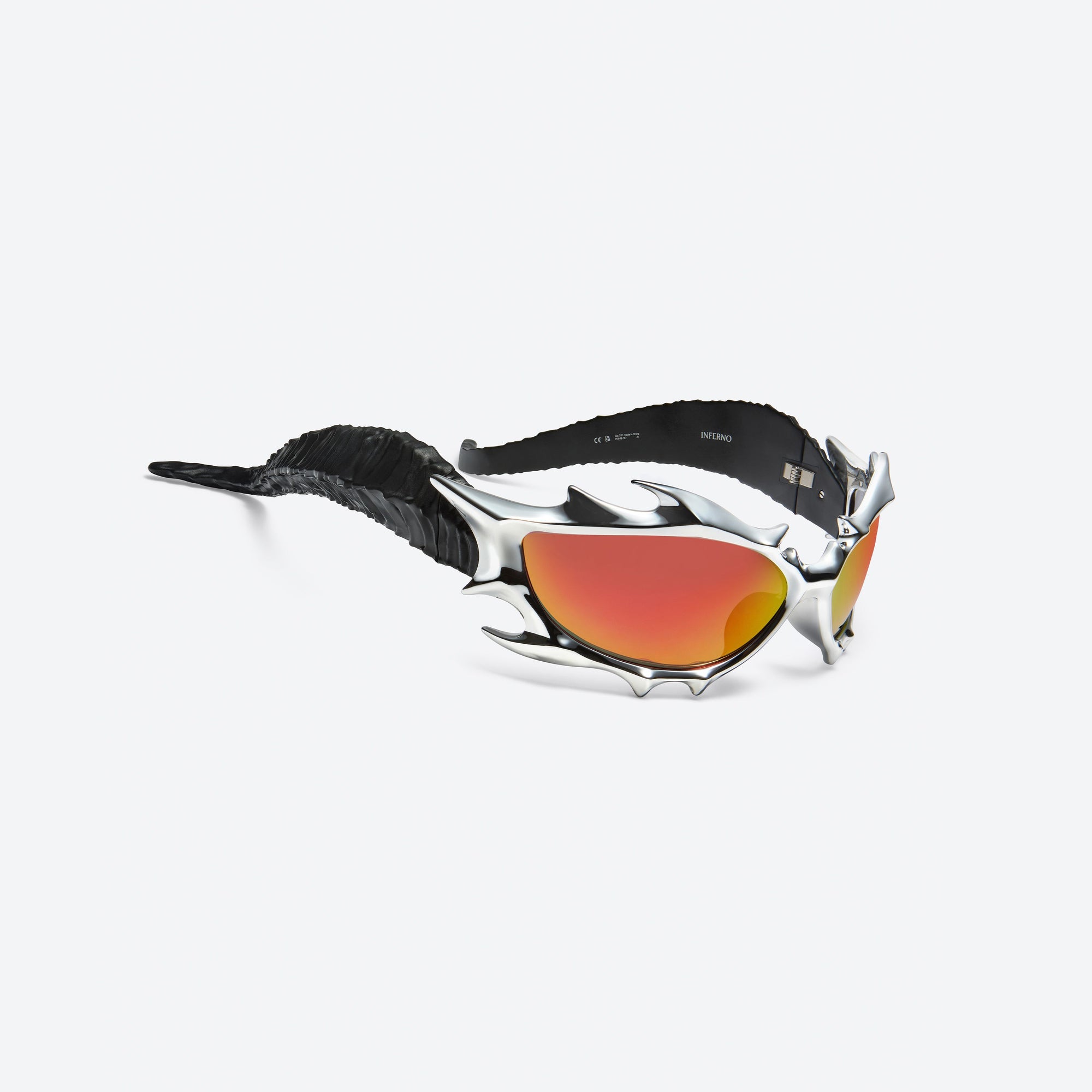 45-degree detailed view of Gentle Monster TEKKEN 8 - Inferno CS1 Silver Nylon framed Wraparound sunglasses.