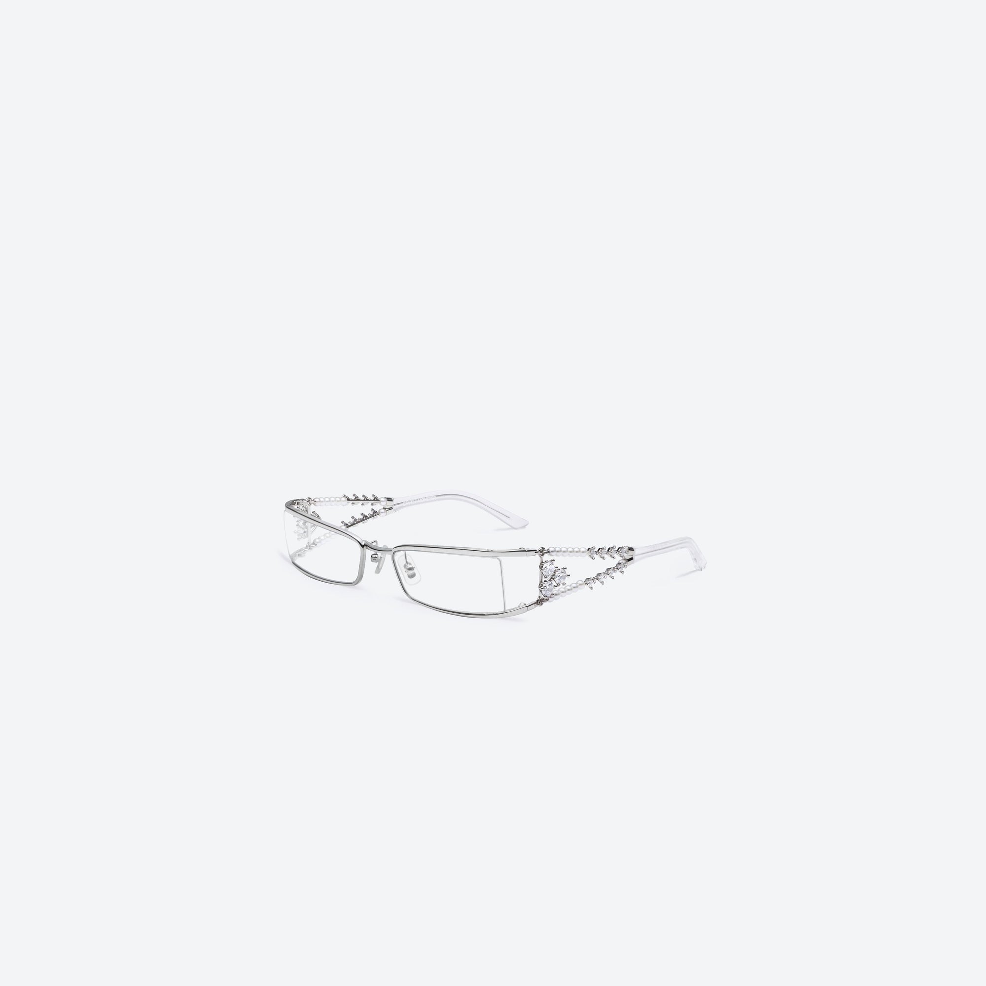 45-degree view of Gentle Monster Kiira 02 Silver Metal framed Square sunglasses.