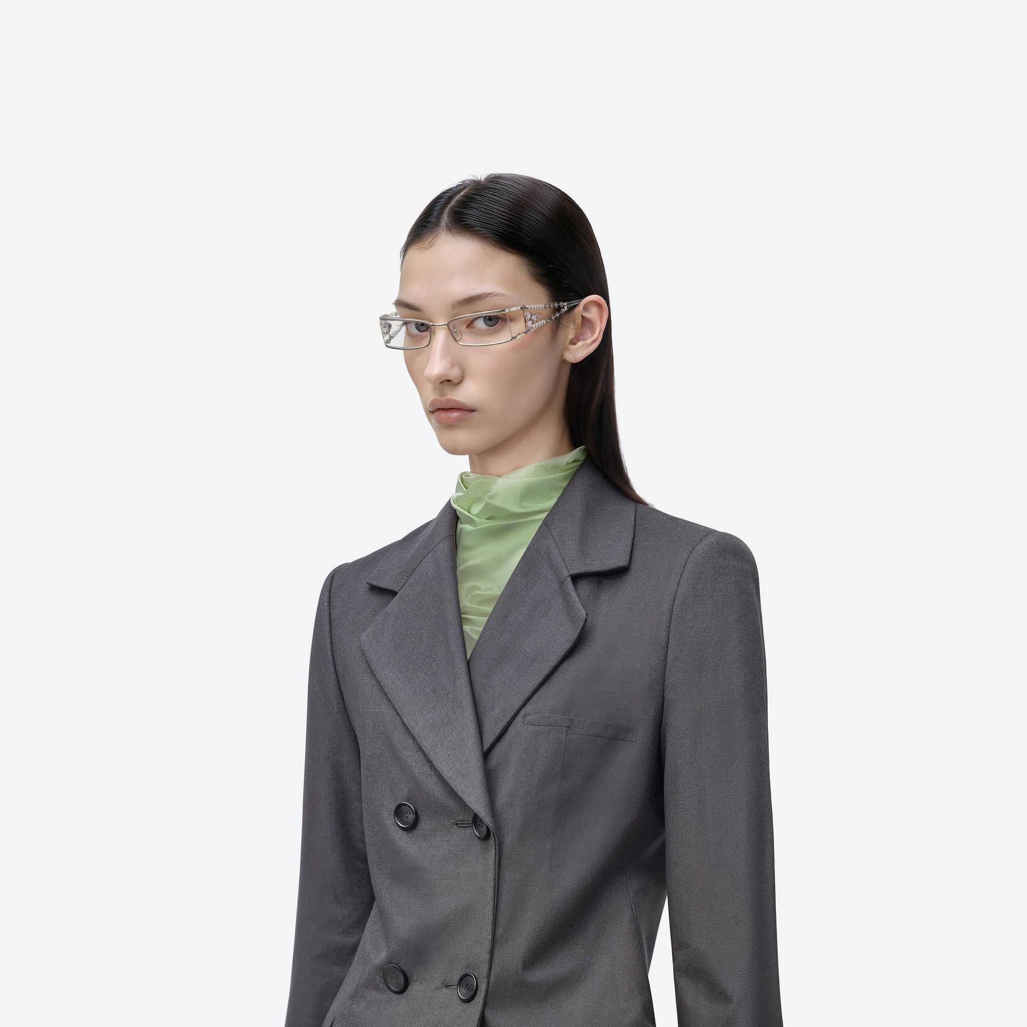 Model wearing the Kiira 02 Silver Metal framed Square sunglasses.