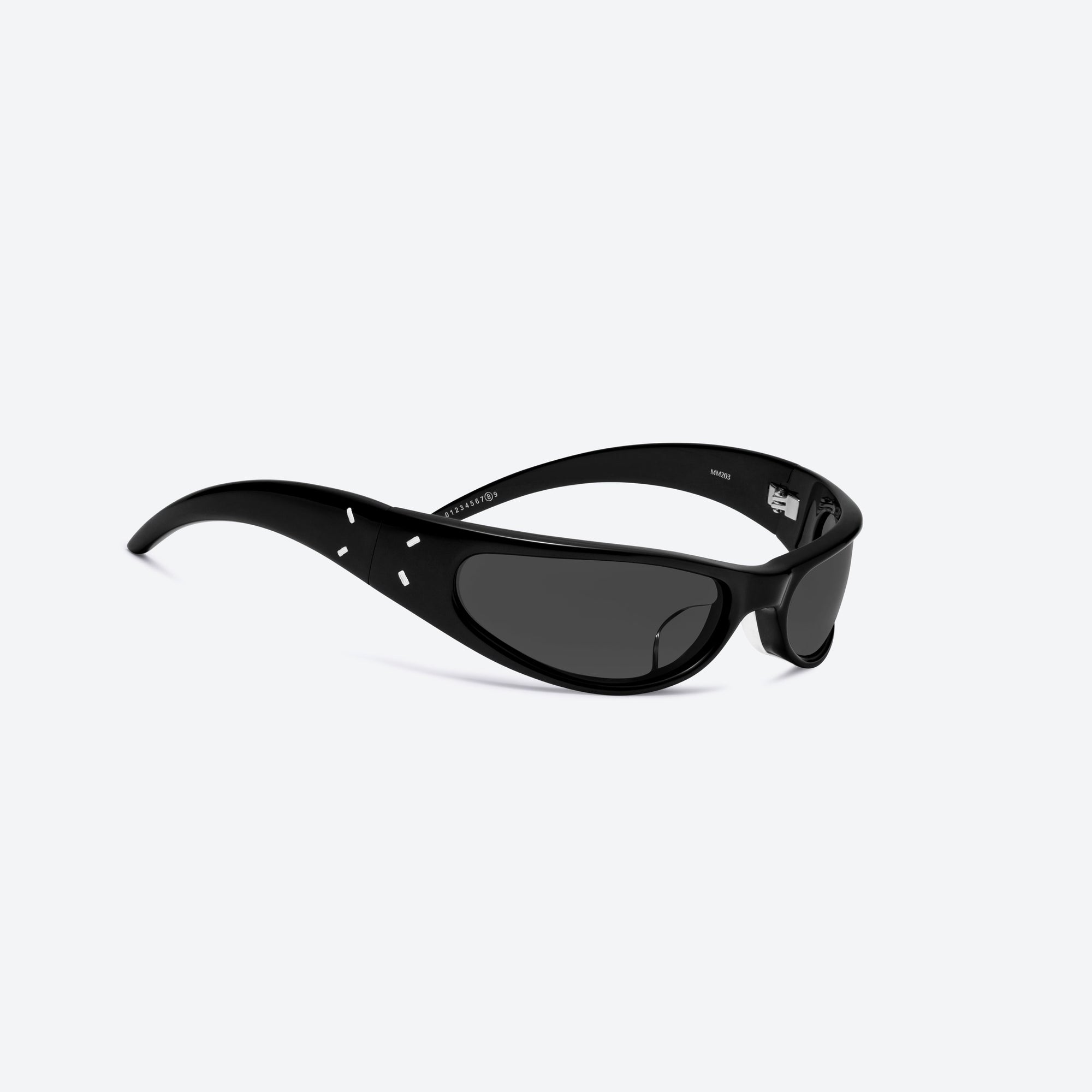 45-degree detailed view of Gentle Monster Maison Margiela - MM203 01 Black Acetate framed Wraparound sunglasses.