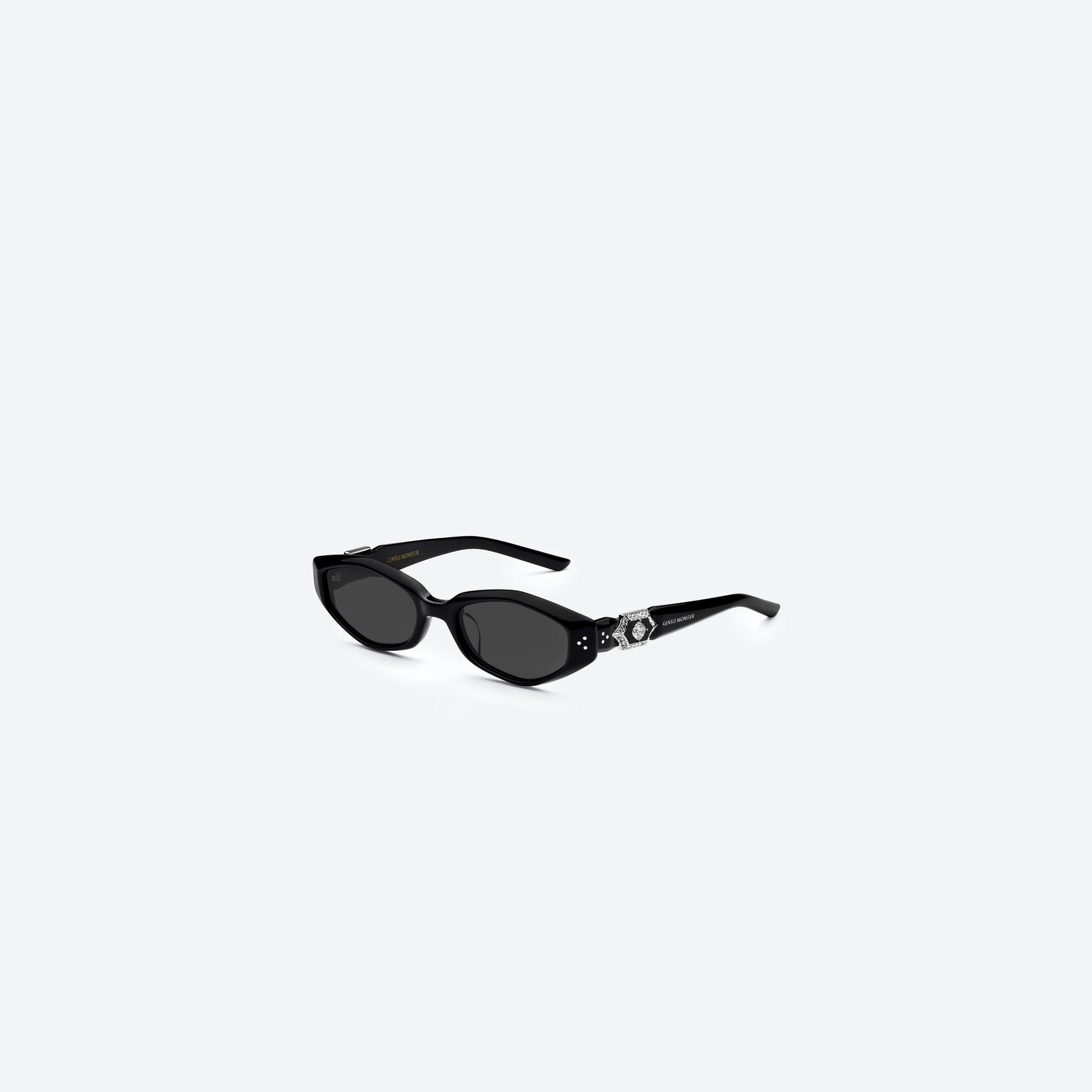 45-degree view of Gentle Monster Vegax 01 Black Acetate framed Oval sunglasses.