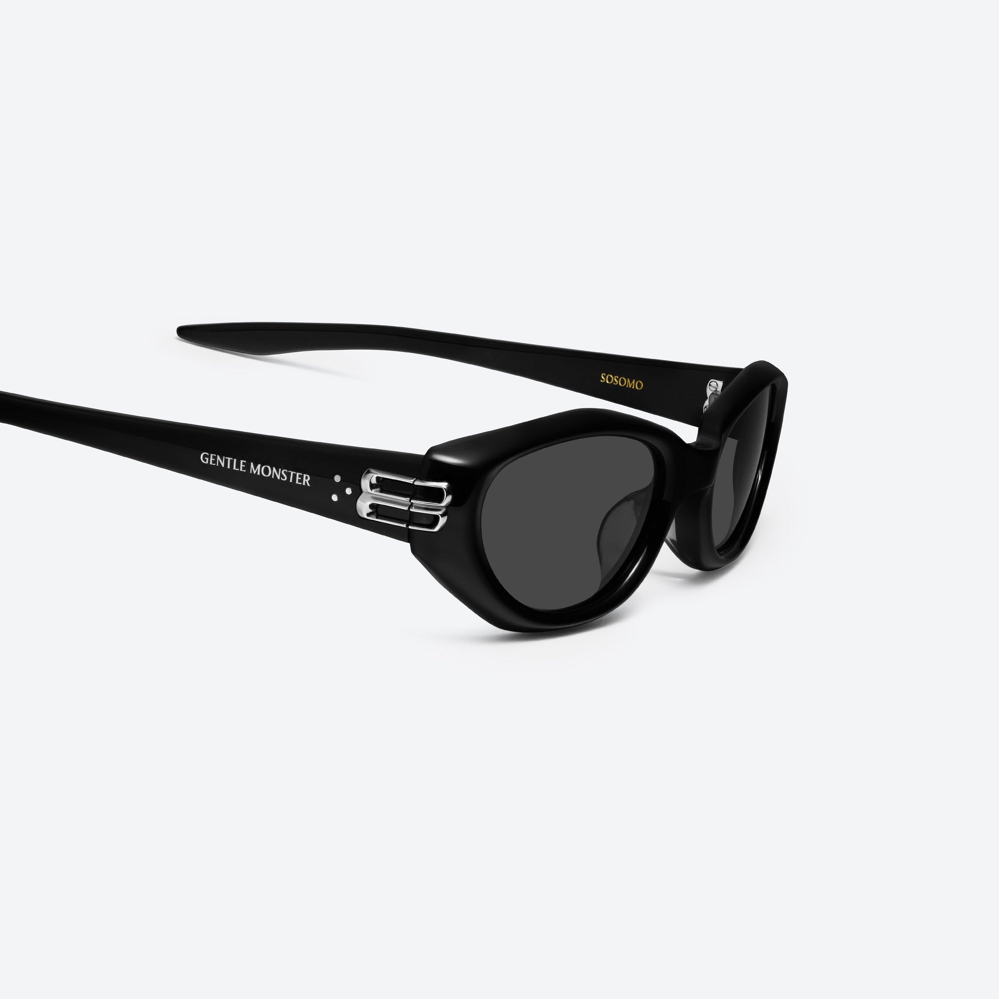 45-degree detailed view of Gentle Monster Sosomo 01 Black Acetate framed Oval sunglasses.
