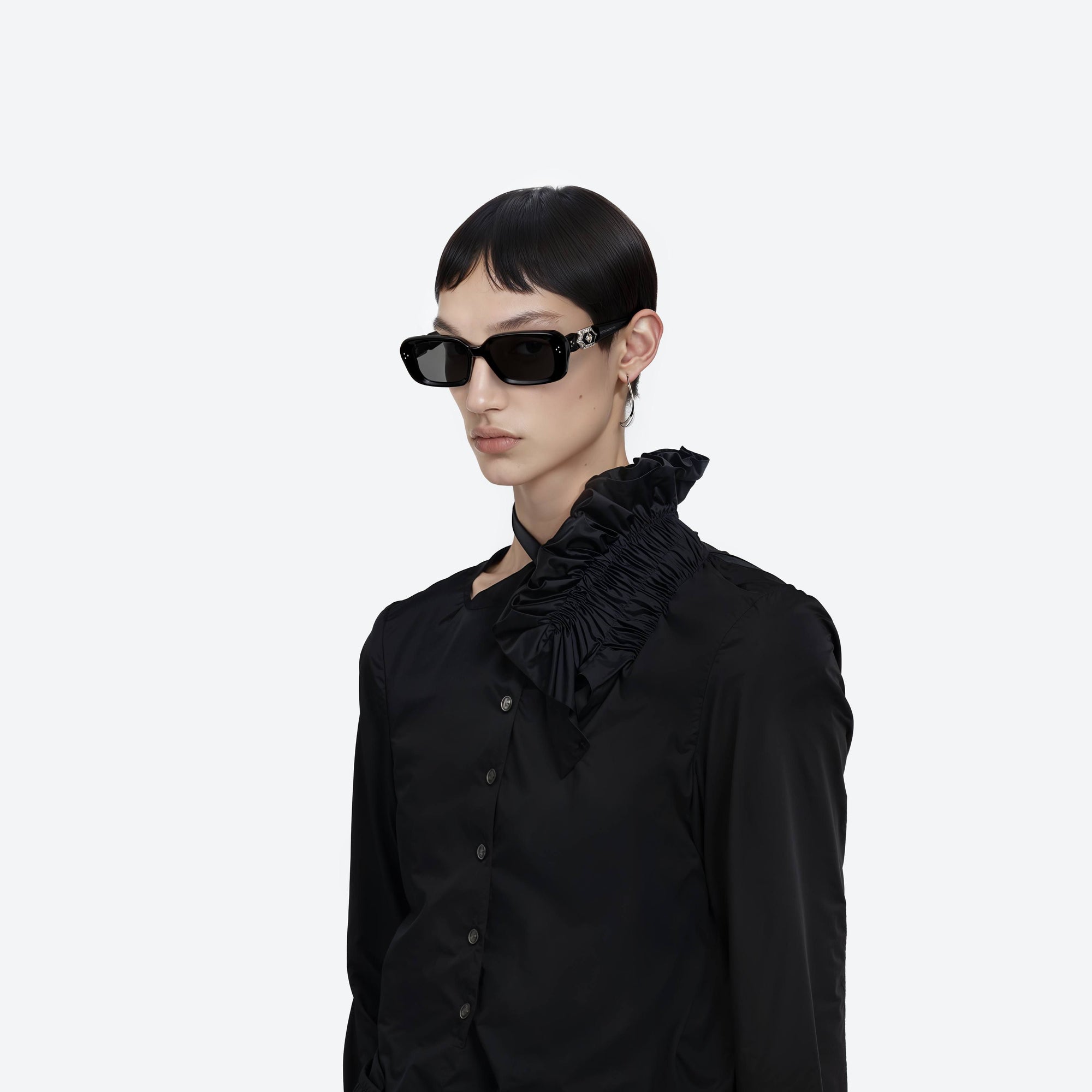 Model wearing the Phantom 01 Black Acetate framed Square sunglasses.
