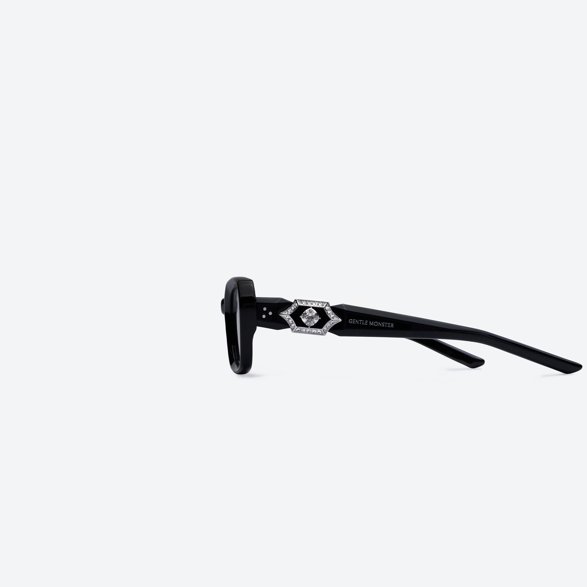 A detailed left view of Gentle Monster Phantom 01 Black Acetate framed Square sunglasses.