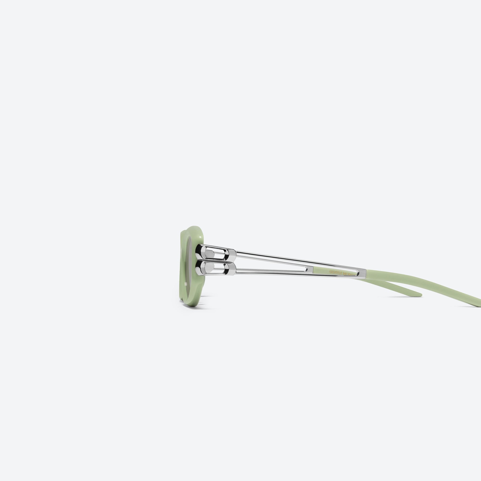A detailed left view of Gentle Monster Solid Loop GR8 Green Mixed framed Square sunglasses.