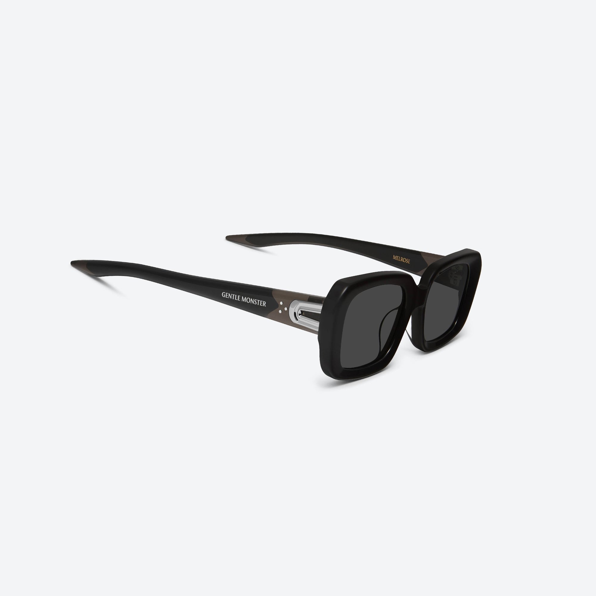 45-degree detailed view of Gentle Monster Melrose 01 Black Acetate framed Square sunglasses.