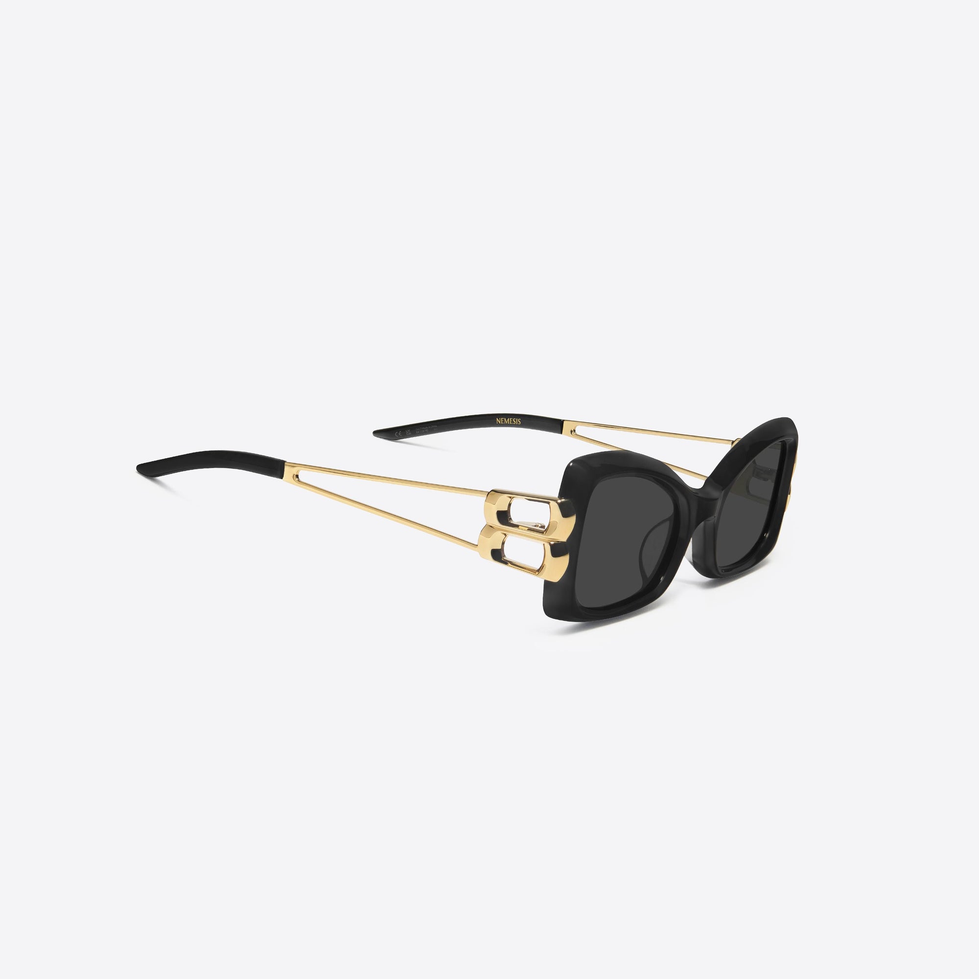 45-degree detailed view of Gentle Monster Nemesis 01 Black Mixed framed Cat-eye sunglasses.