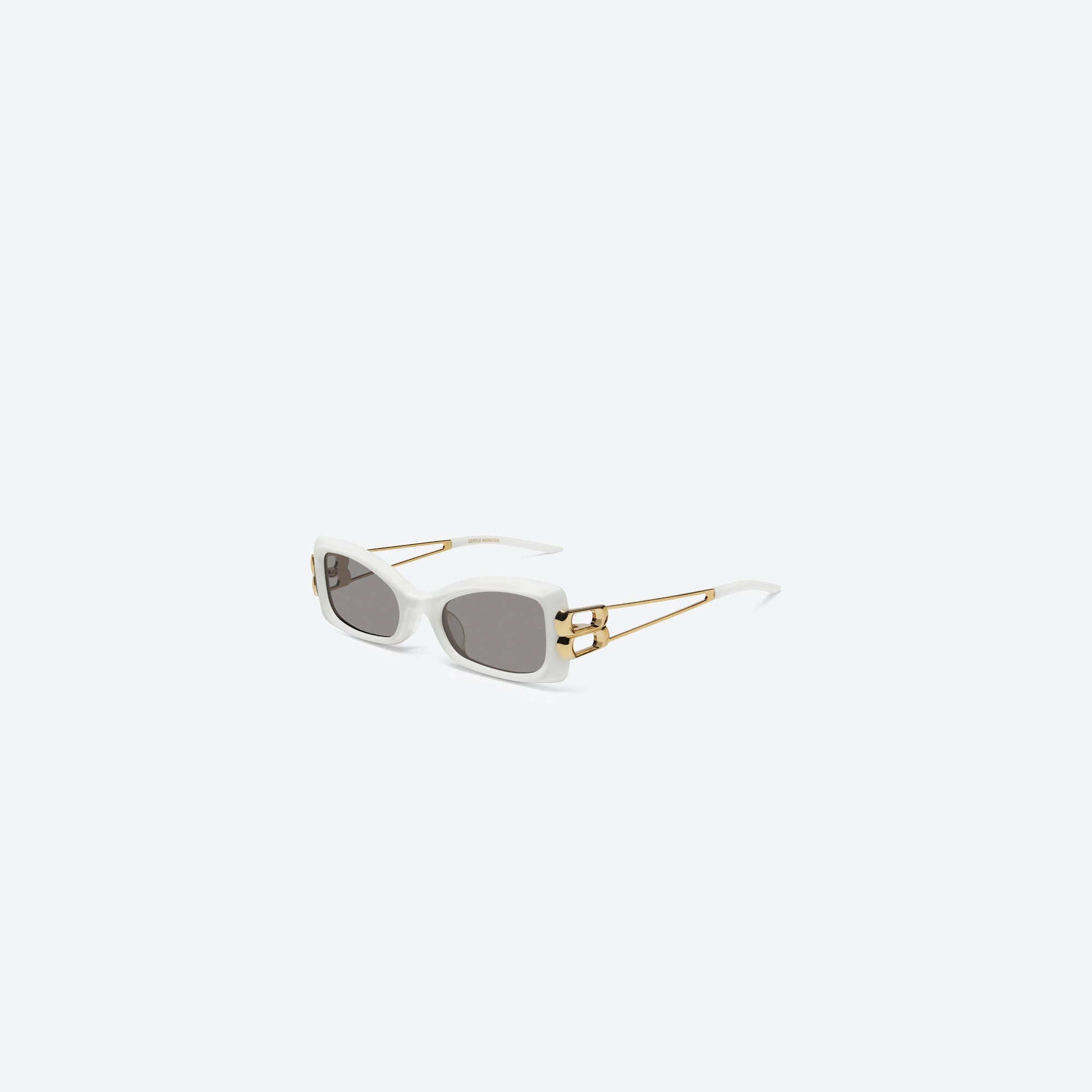 45-degree view of Gentle Monster Nemesis W2 White Mixed framed Cat-eye sunglasses.