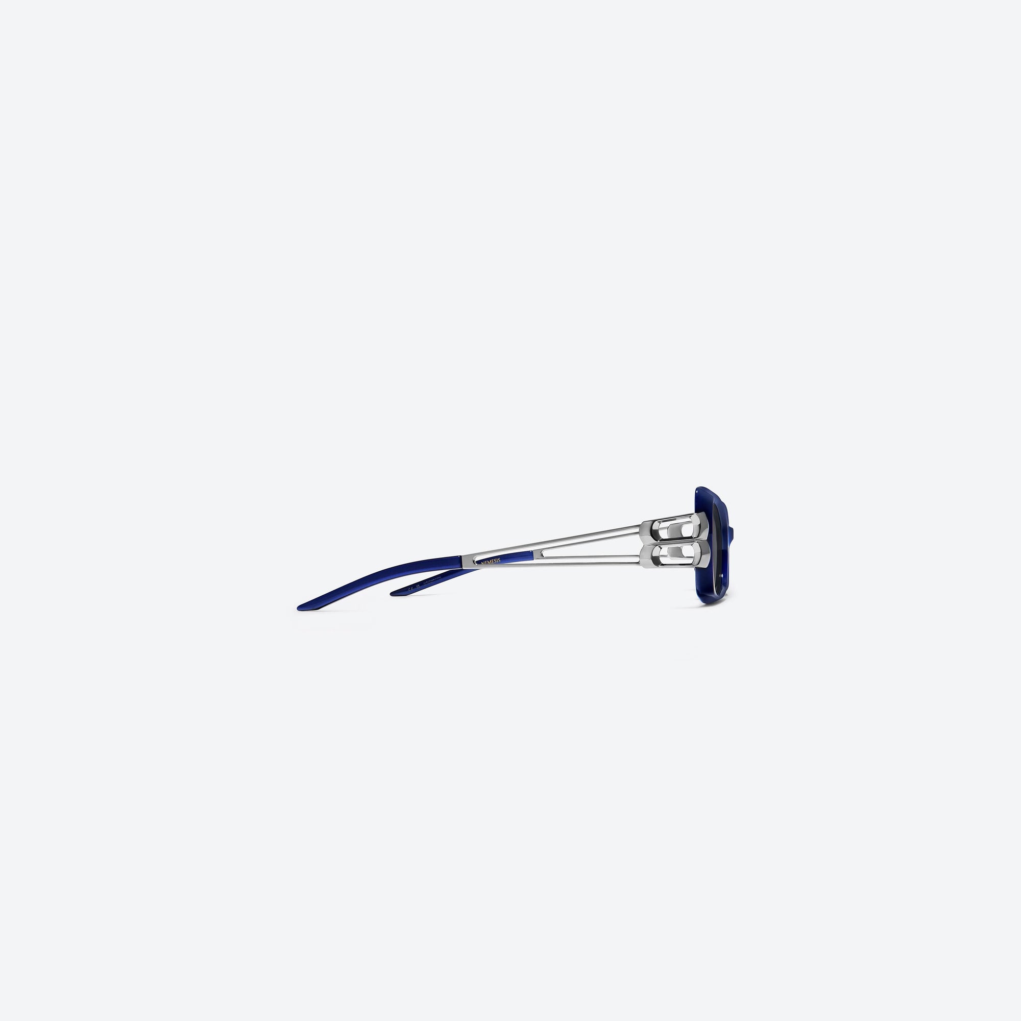 A detailed right view of Gentle Monster Nemesis BLC8 Blue Mixed framed Cat-eye sunglasses.