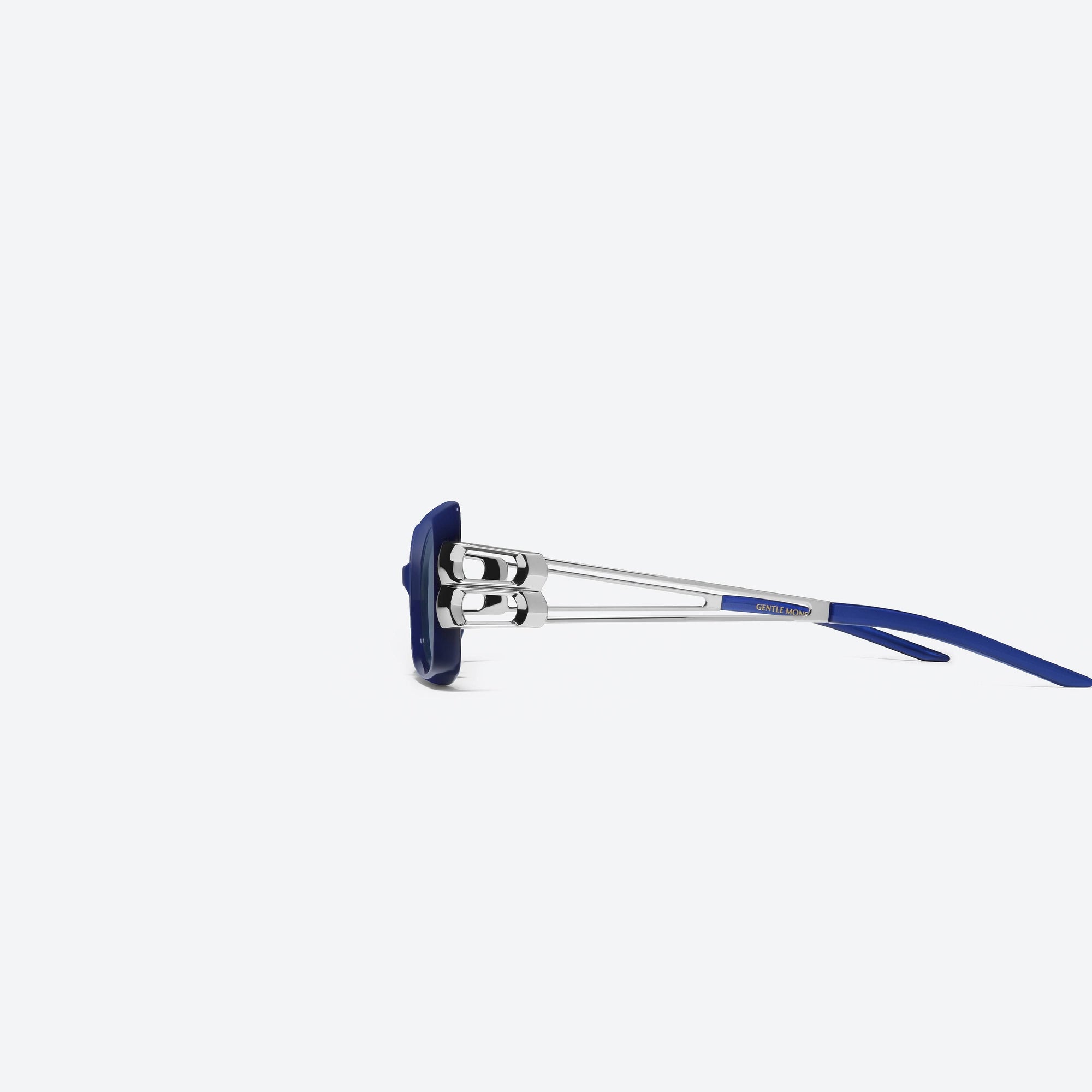 A detailed left view of Gentle Monster Nemesis BLC8 Blue Mixed framed Cat-eye sunglasses.
