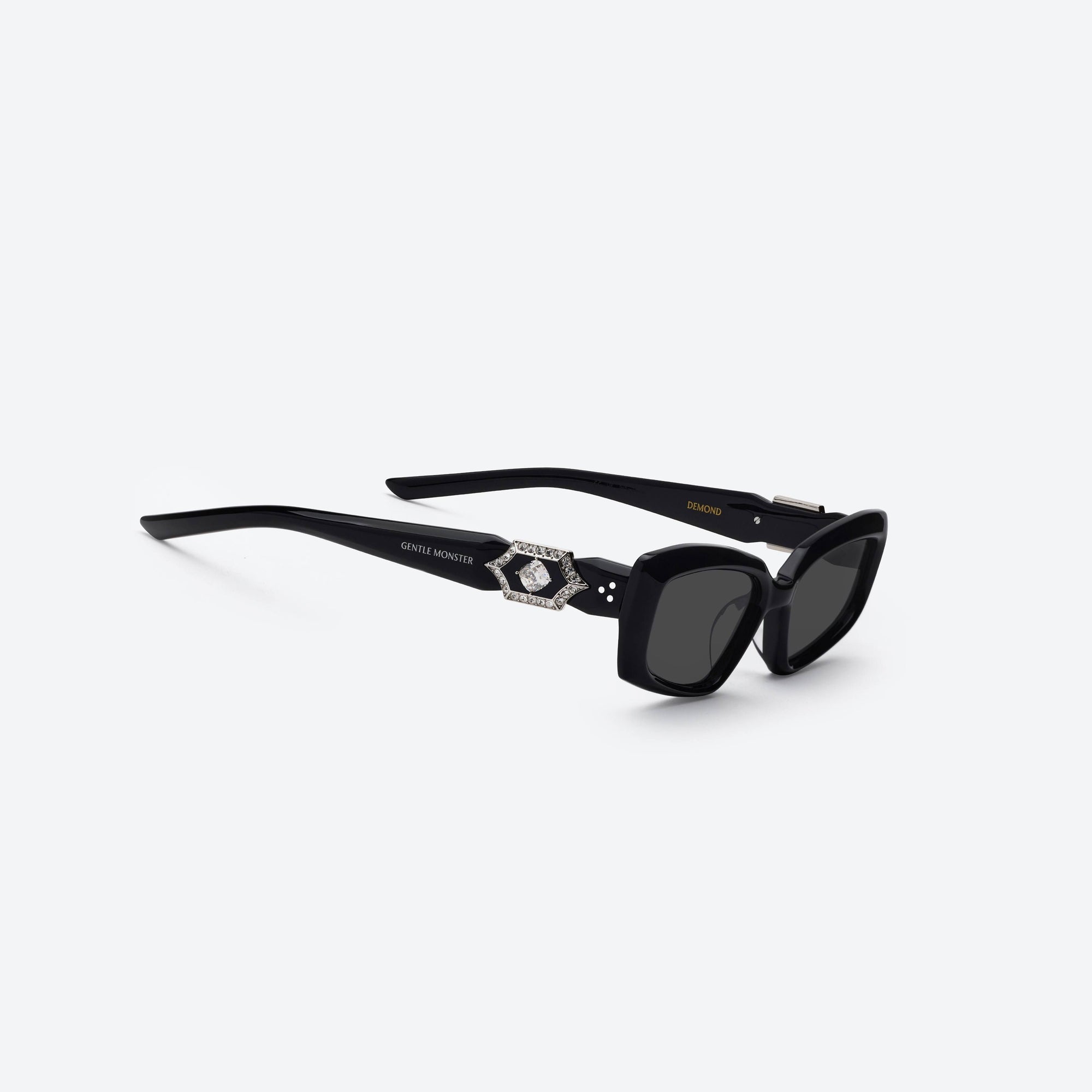 45-degree detailed view of Gentle Monster Demond 01 Black Acetate framed Square sunglasses.