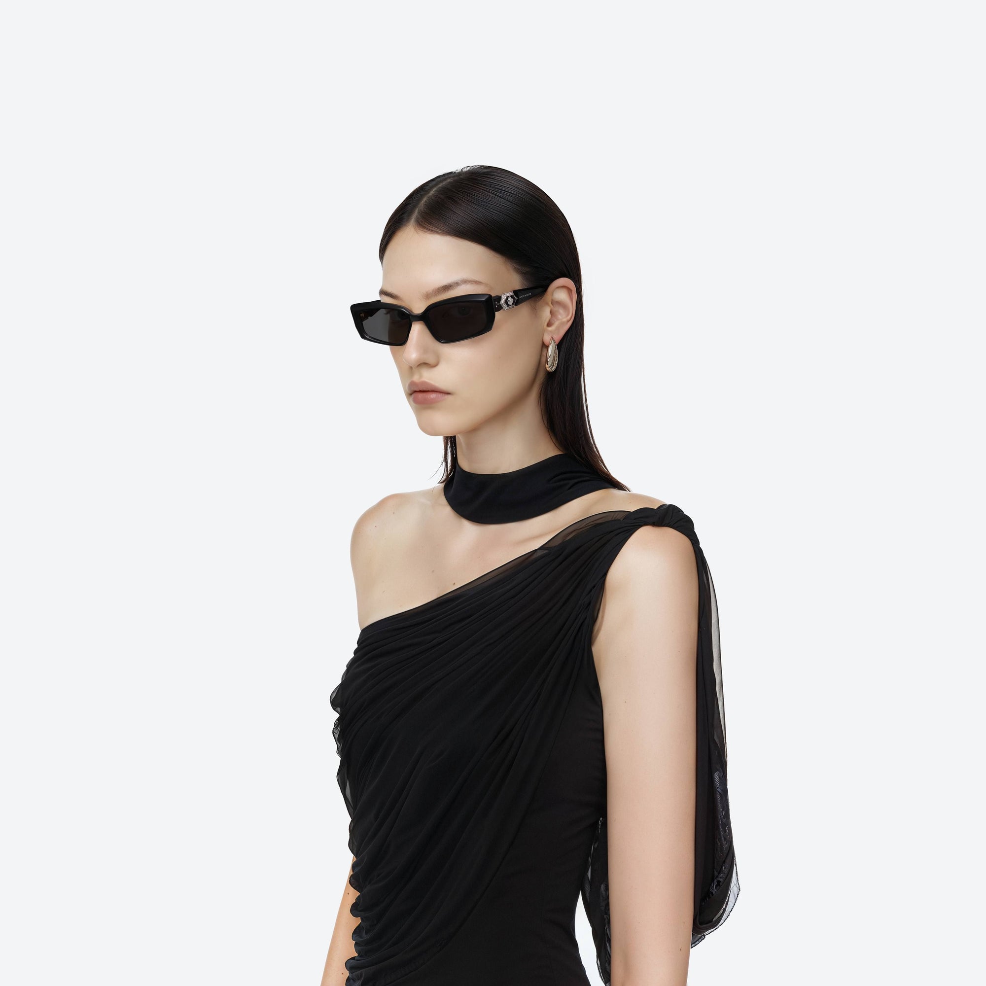 Model wearing the Demond 01 Black Acetate framed Square sunglasses.