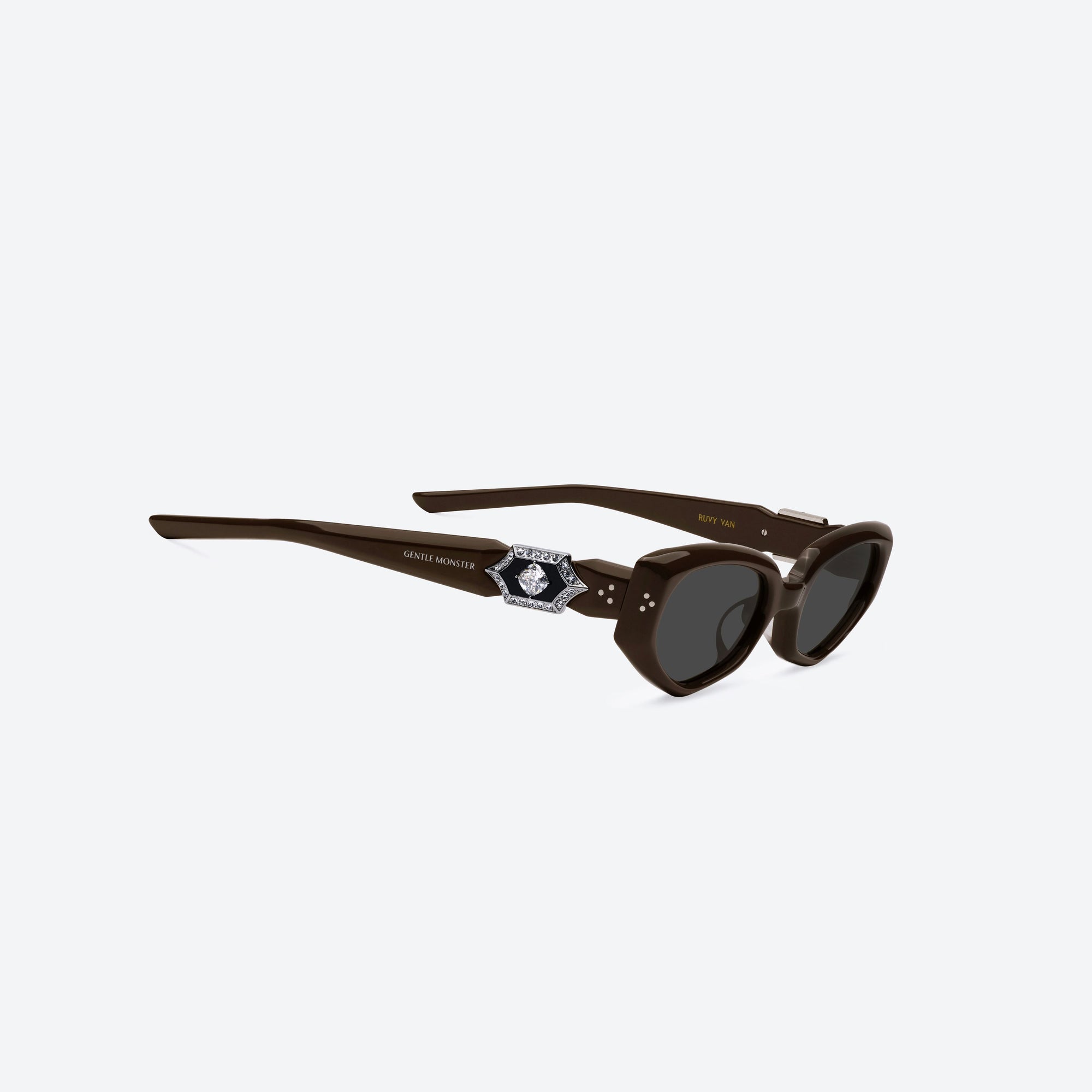 45-degree detailed view of Gentle Monster Ruvy Van BR3 Brown Acetate framed Cat-eye sunglasses.