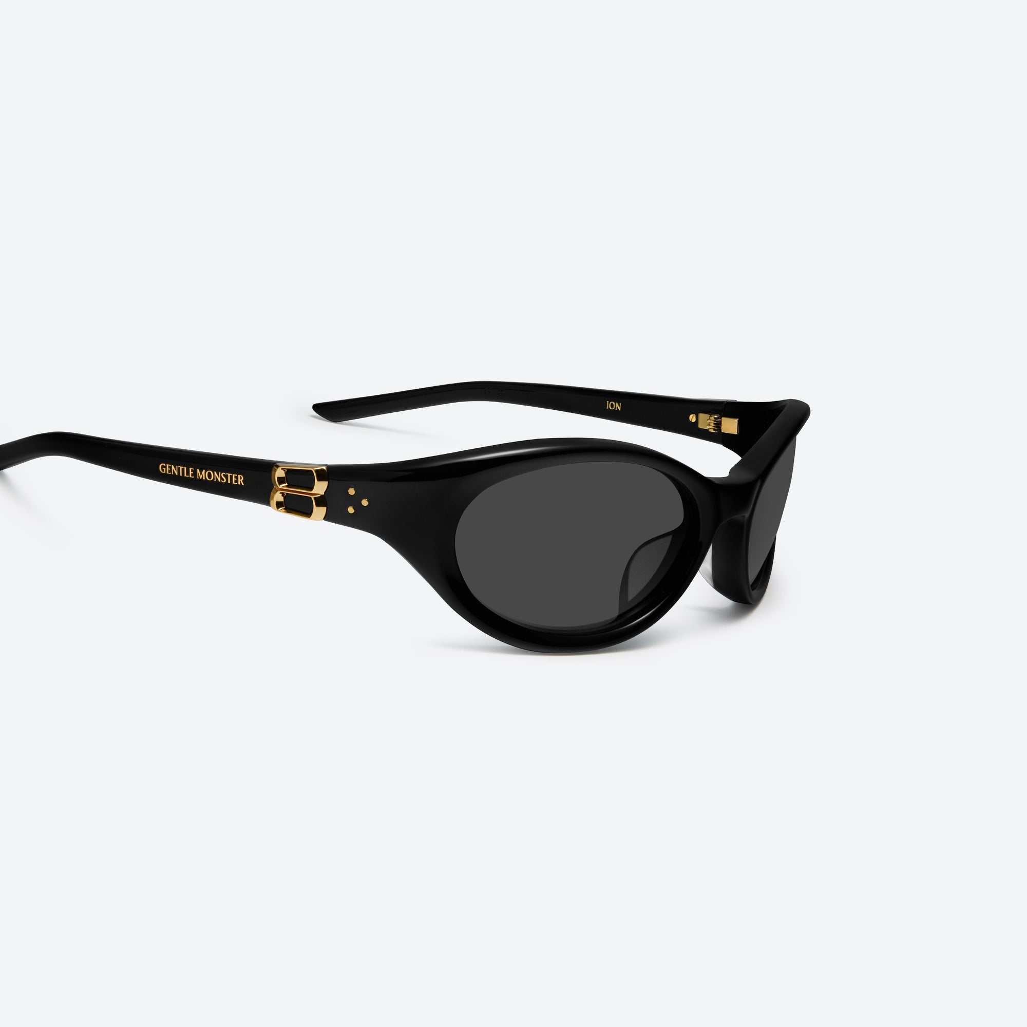 45-degree detailed view of Gentle Monster Ion 01 Black Acetate framed Wraparound sunglasses.