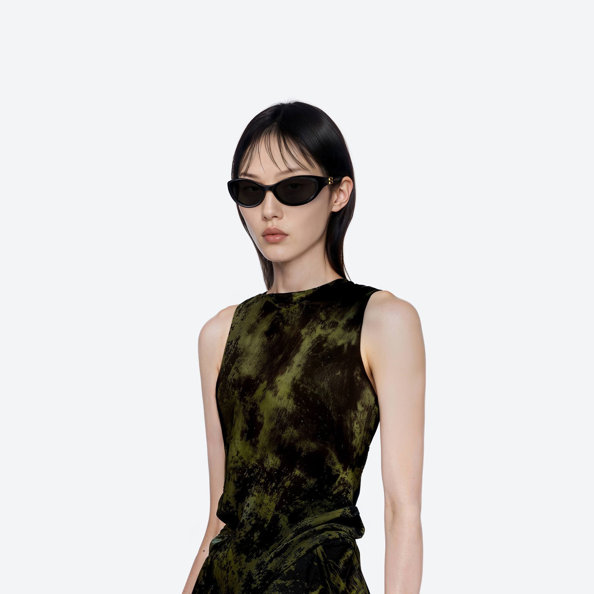 Model wearing the Ion 01 Black Acetate framed Wraparound sunglasses.