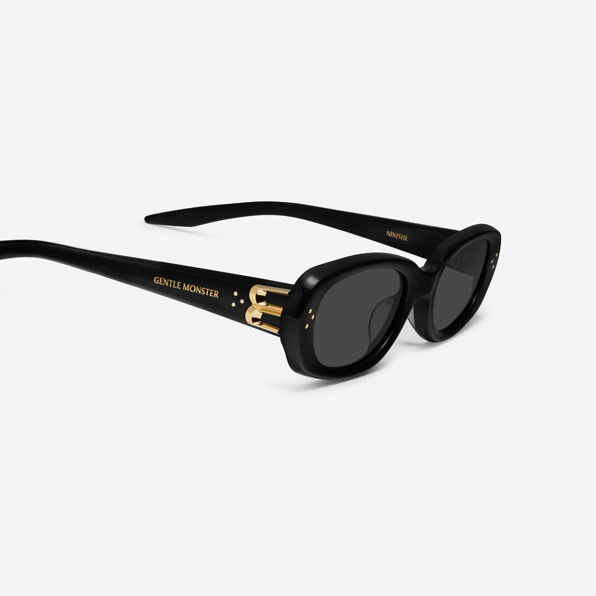 45-degree detailed view of Gentle Monster Ninishe 01 Black Acetate framed Oval sunglasses.