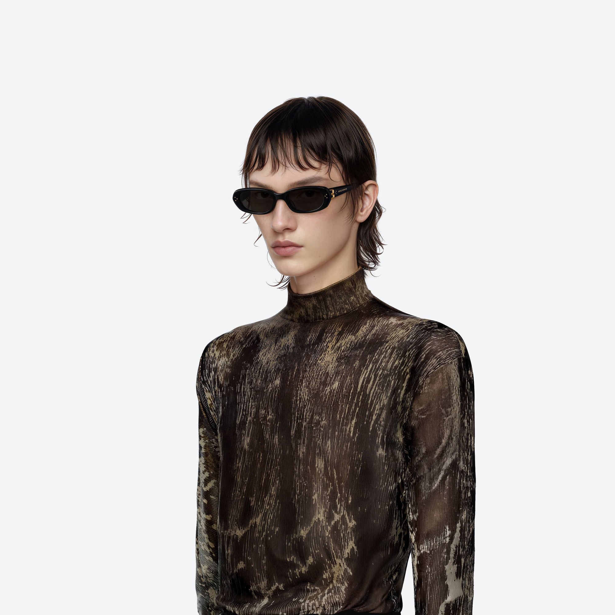 Model wearing the Ninishe 01 Black Acetate framed Oval sunglasses.