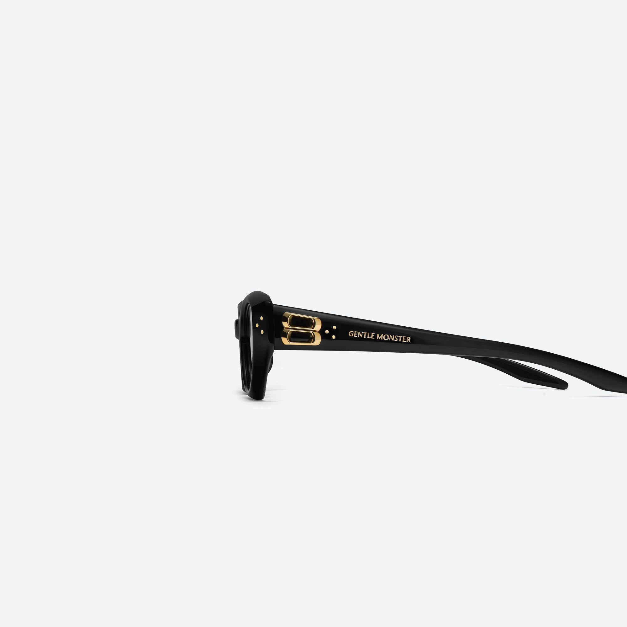 A detailed left view of Gentle Monster Duns 01 Black Acetate framed Cat-eye sunglasses.