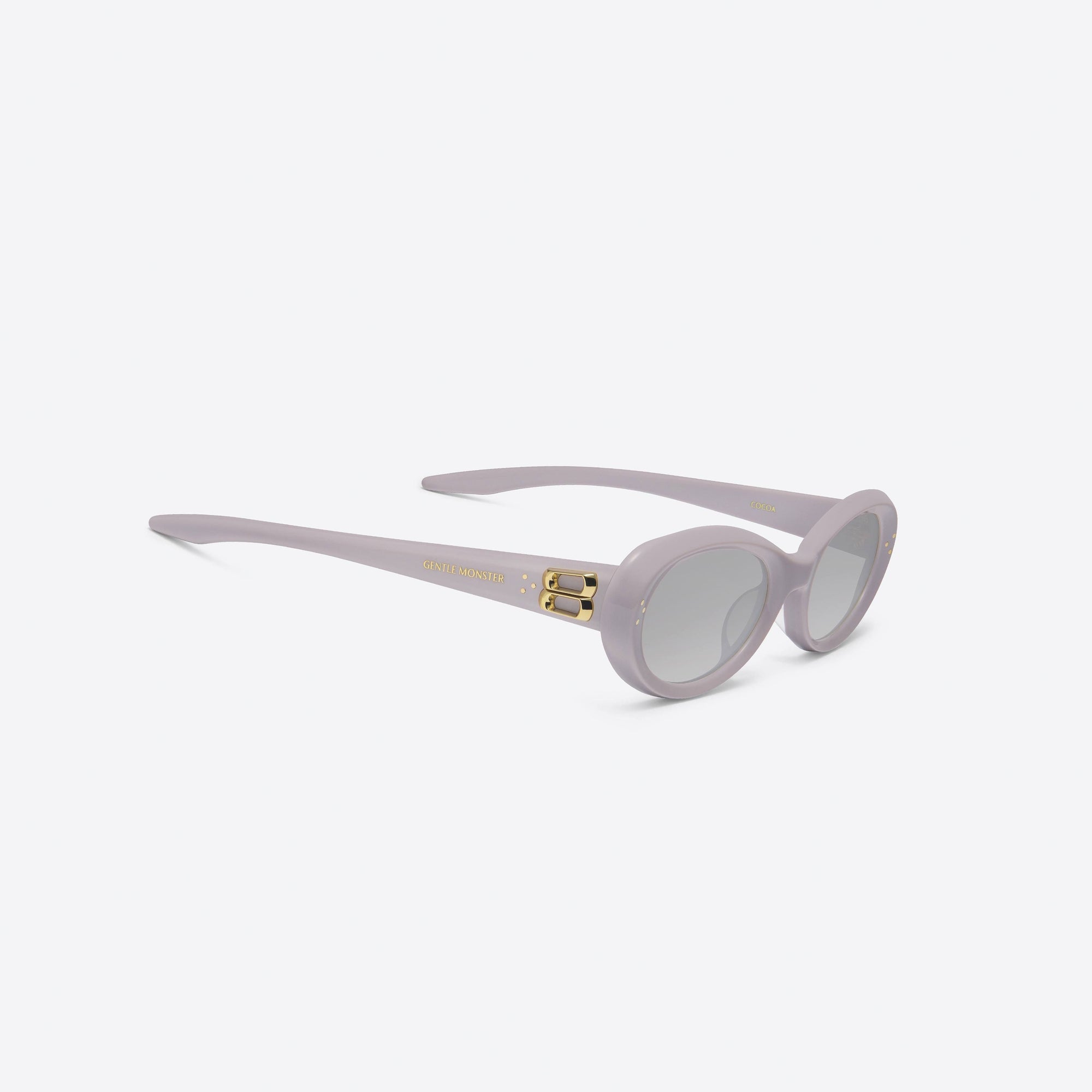 45-degree detailed view of Gentle Monster Cocoa V4 Purple Acetate framed Oval sunglasses.