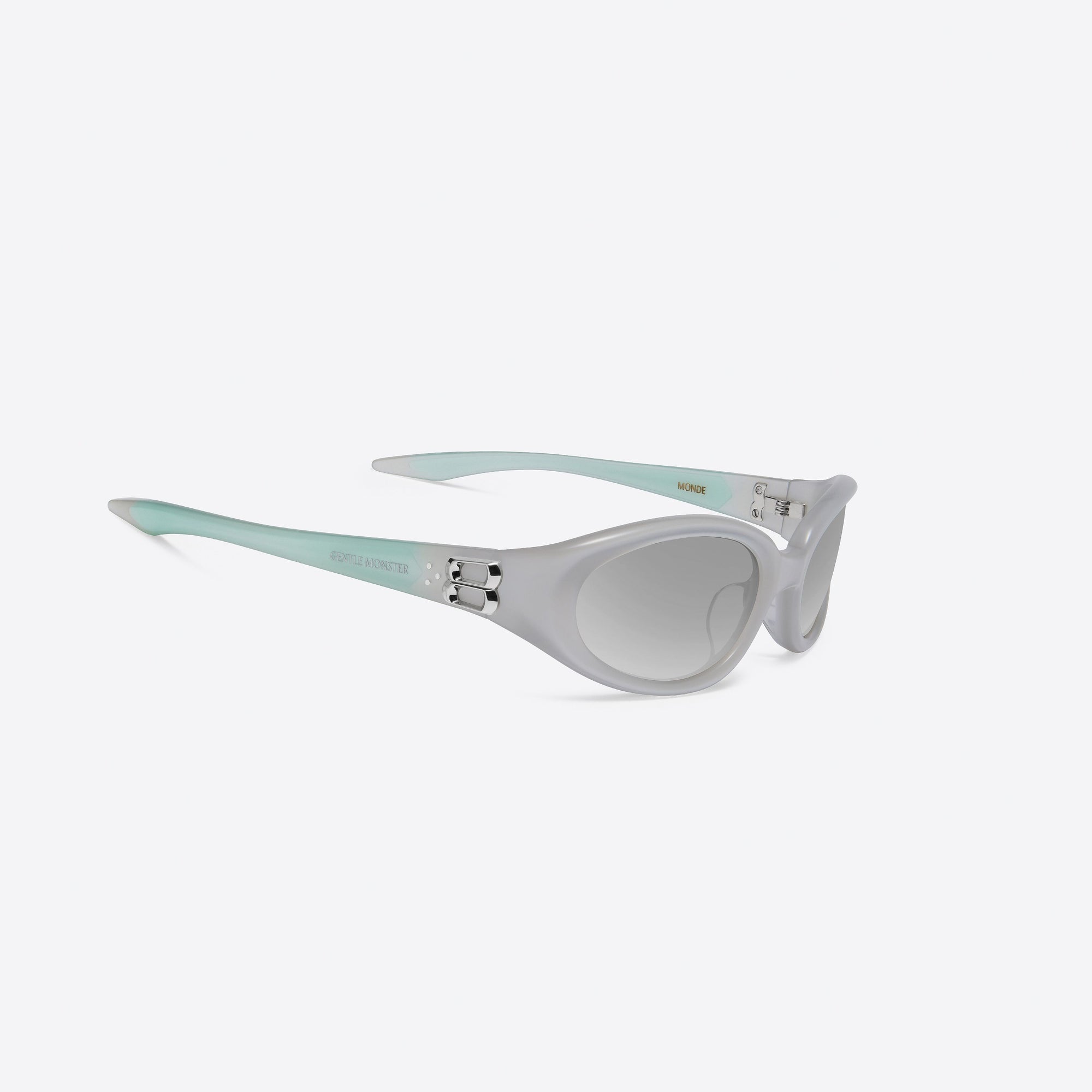 45-degree detailed view of Gentle Monster Monde GC11 Gray Acetate framed Oval sunglasses.