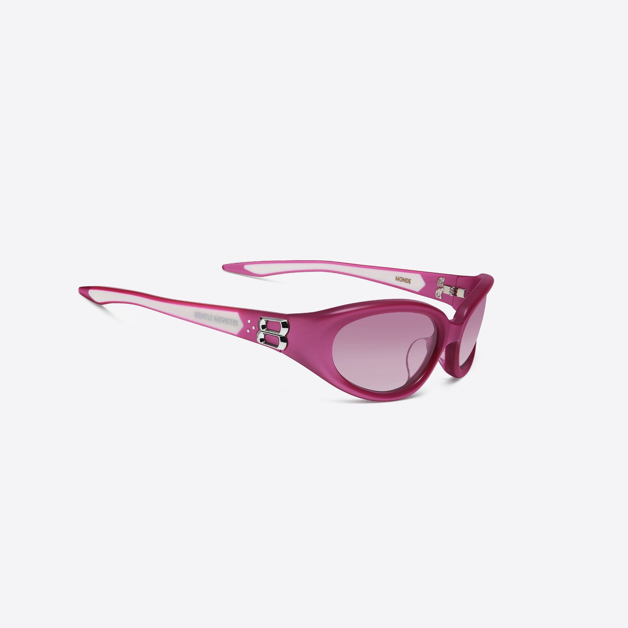 45-degree detailed view of Gentle Monster Monde PC13 Pink Acetate framed Oval sunglasses.
