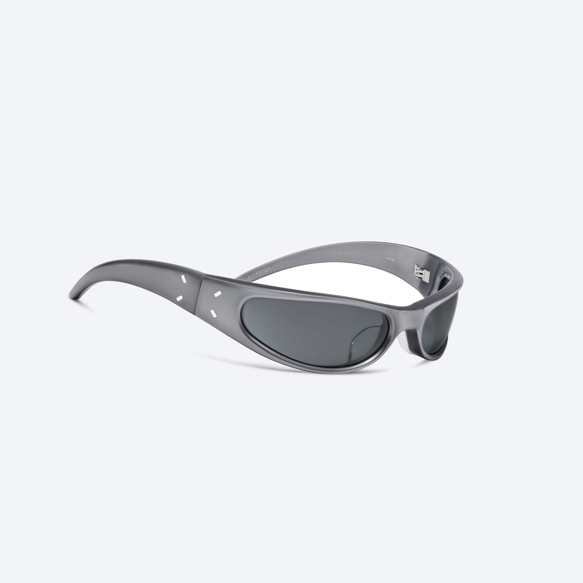 45-degree detailed view of Gentle Monster Maison Margiela - MM203 G14(SM) Silver Acetate framed Wraparound sunglasses.