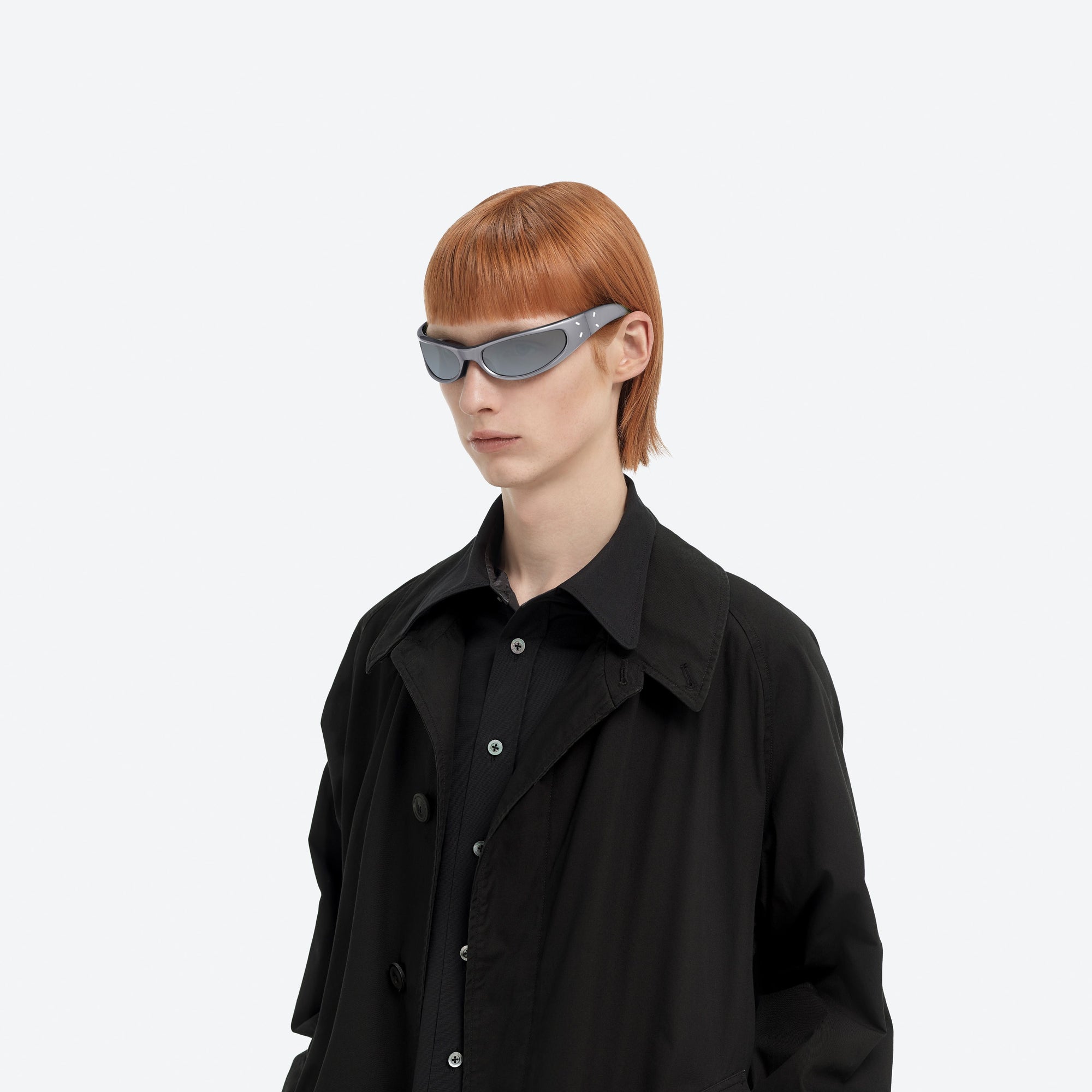Model wearing the Maison Margiela - MM203 G14(SM) Silver Acetate framed Wraparound sunglasses.