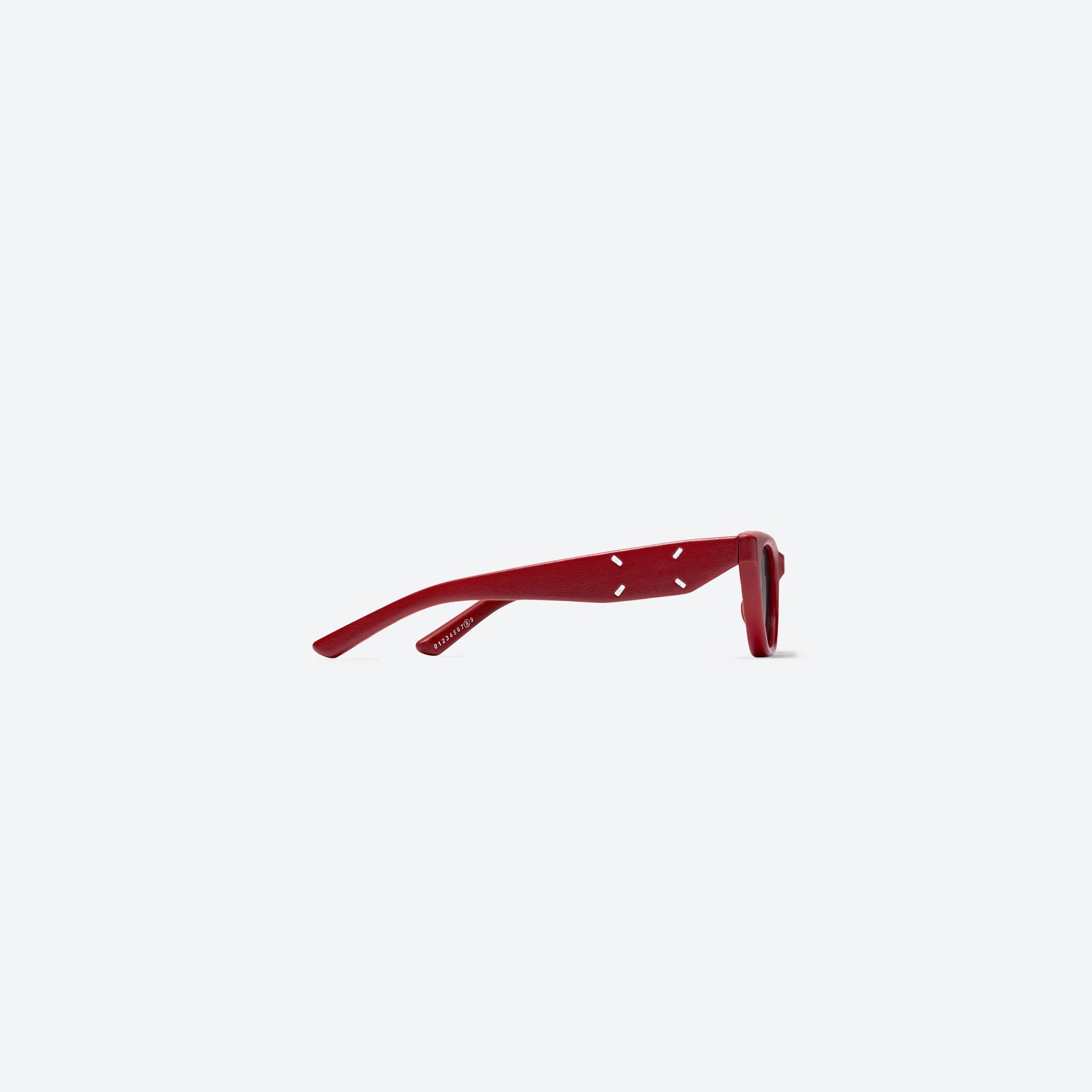 A detailed right view of Gentle Monster Maison Margiela - MM208 Leather LR1 Red Acetate framed Cat-eye sunglasses.