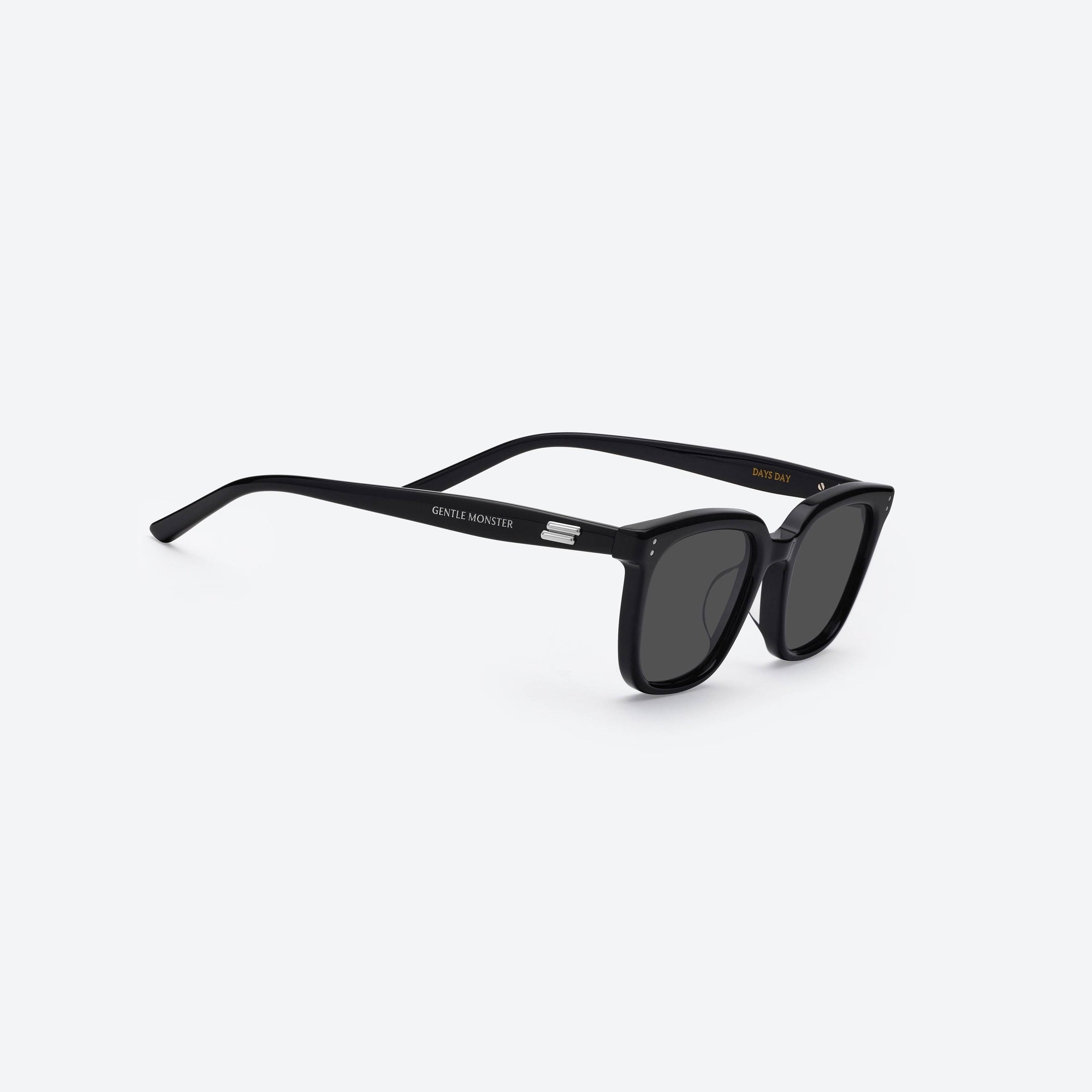 45-degree detailed view of Gentle Monster Days Day 01 Black Acetate framed Square sunglasses.