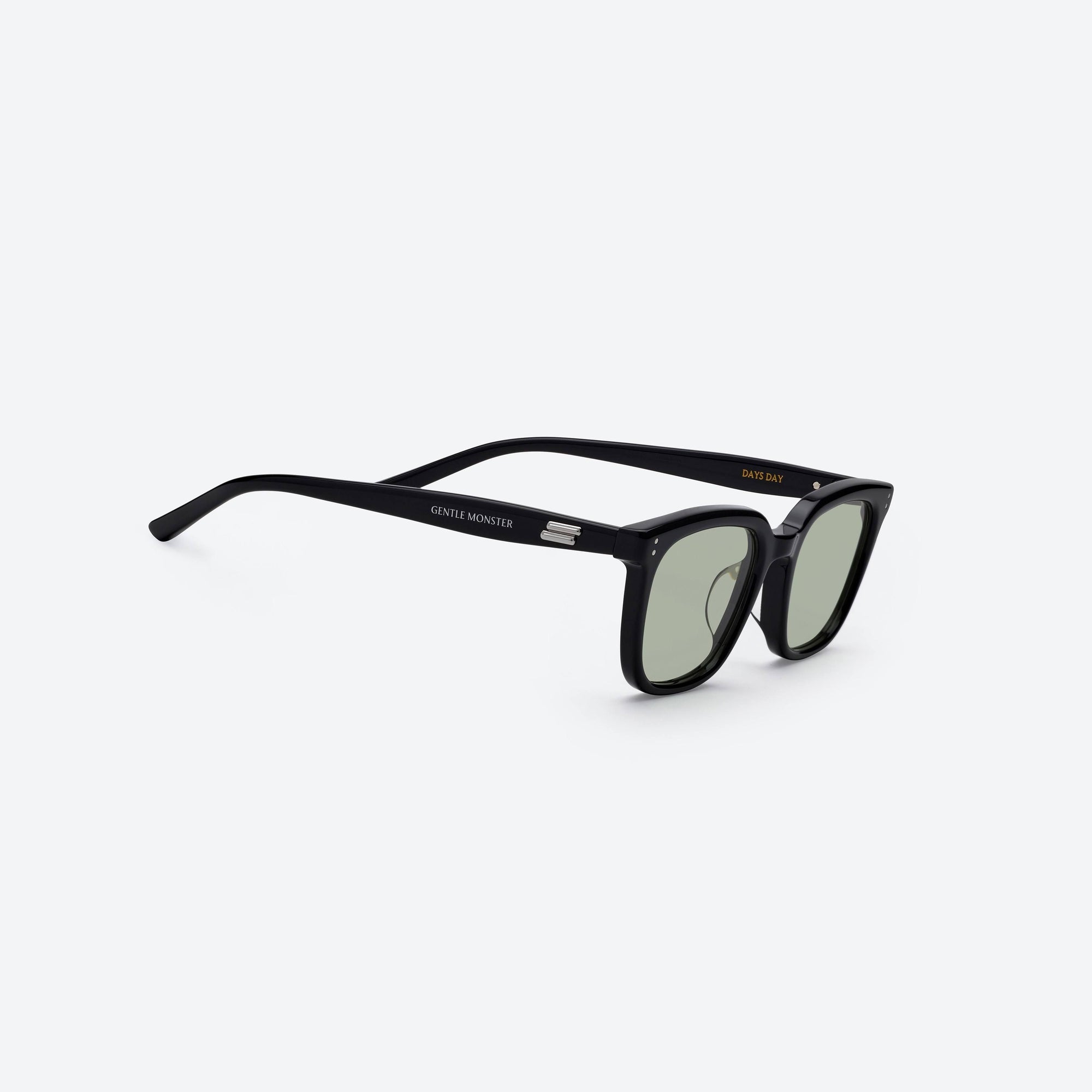 45-degree detailed view of Gentle Monster Days Day 01(K) Black Acetate framed Square sunglasses.