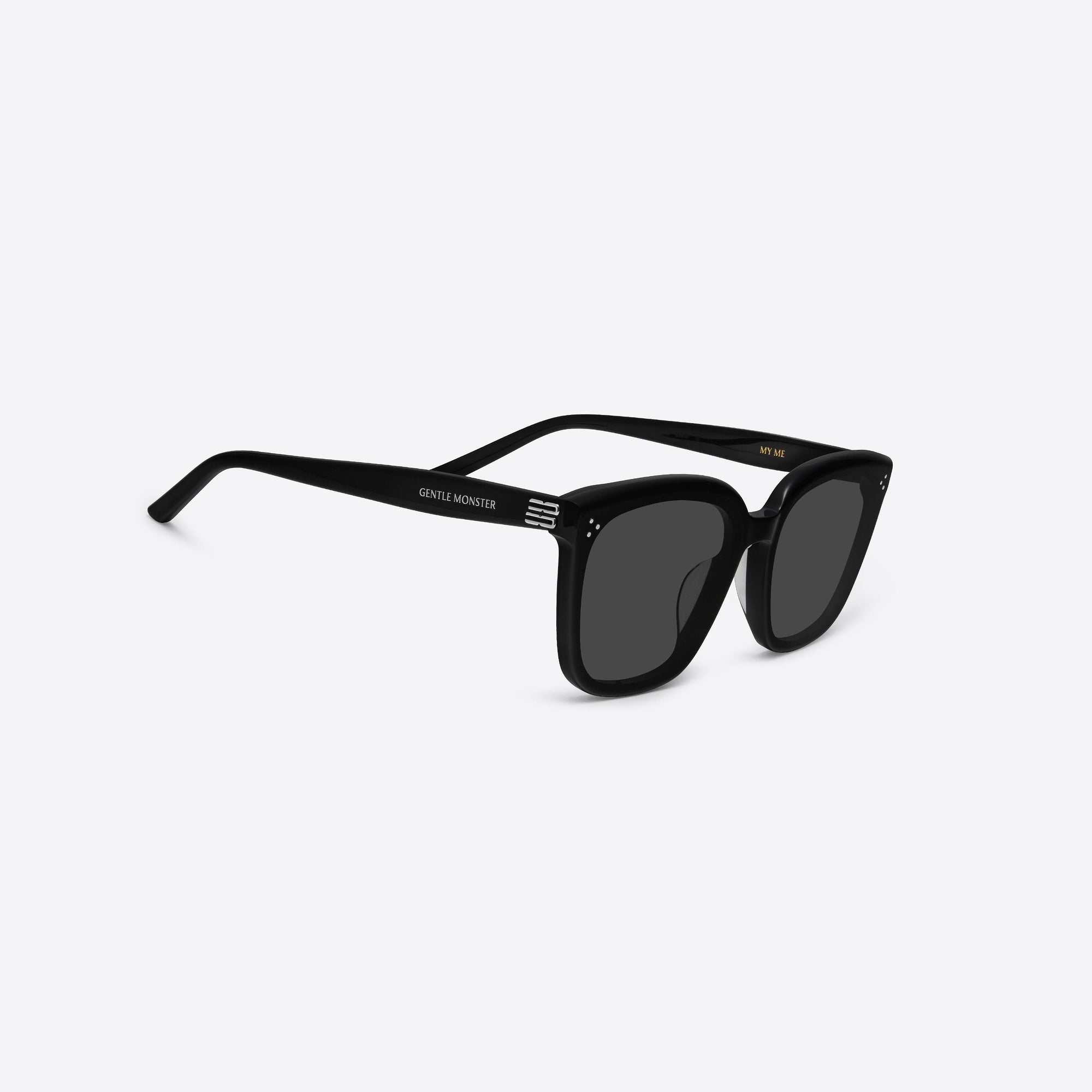 45-degree detailed view of Gentle Monster My Me 01 Black Acetate framed Square sunglasses.