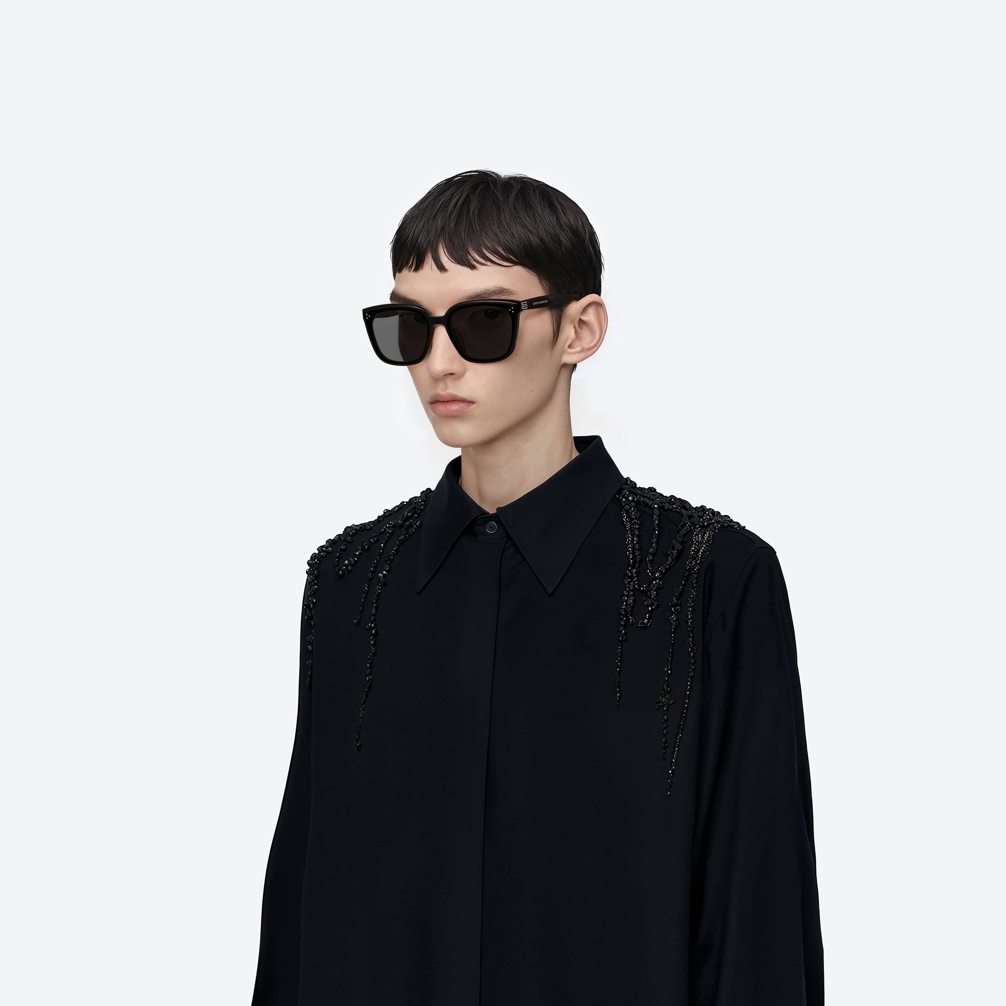 Model wearing the My Me 01 Black Acetate framed Square sunglasses.