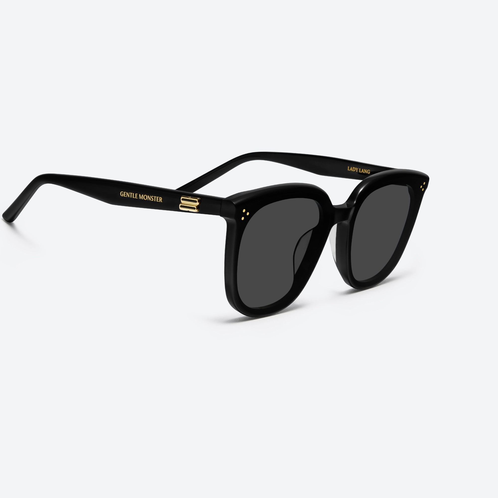 45-degree detailed view of Gentle Monster Lady Lang 01 Black Acetate framed Round sunglasses.