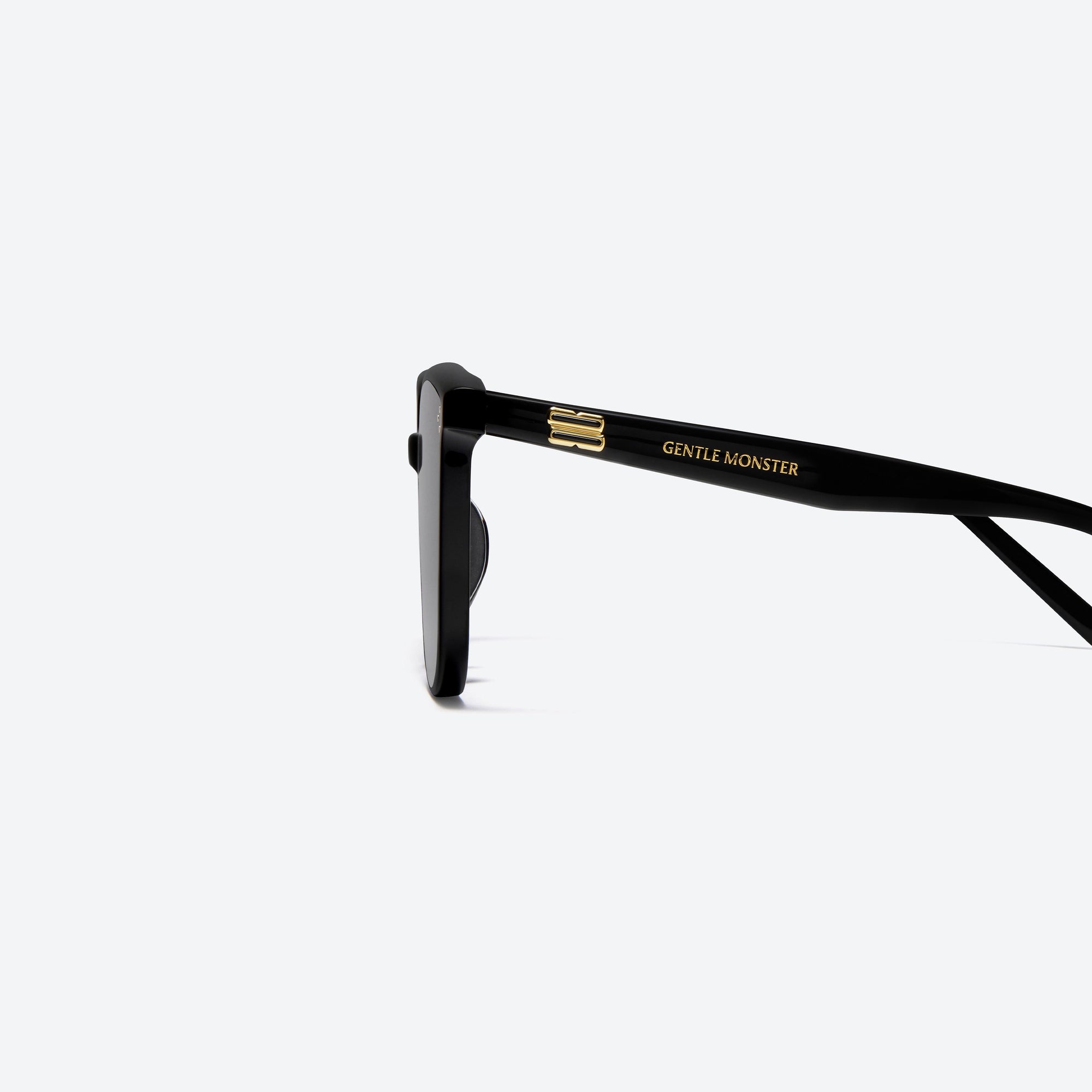 A detailed left view of Gentle Monster Lady Lang 01 Black Acetate framed Round sunglasses.