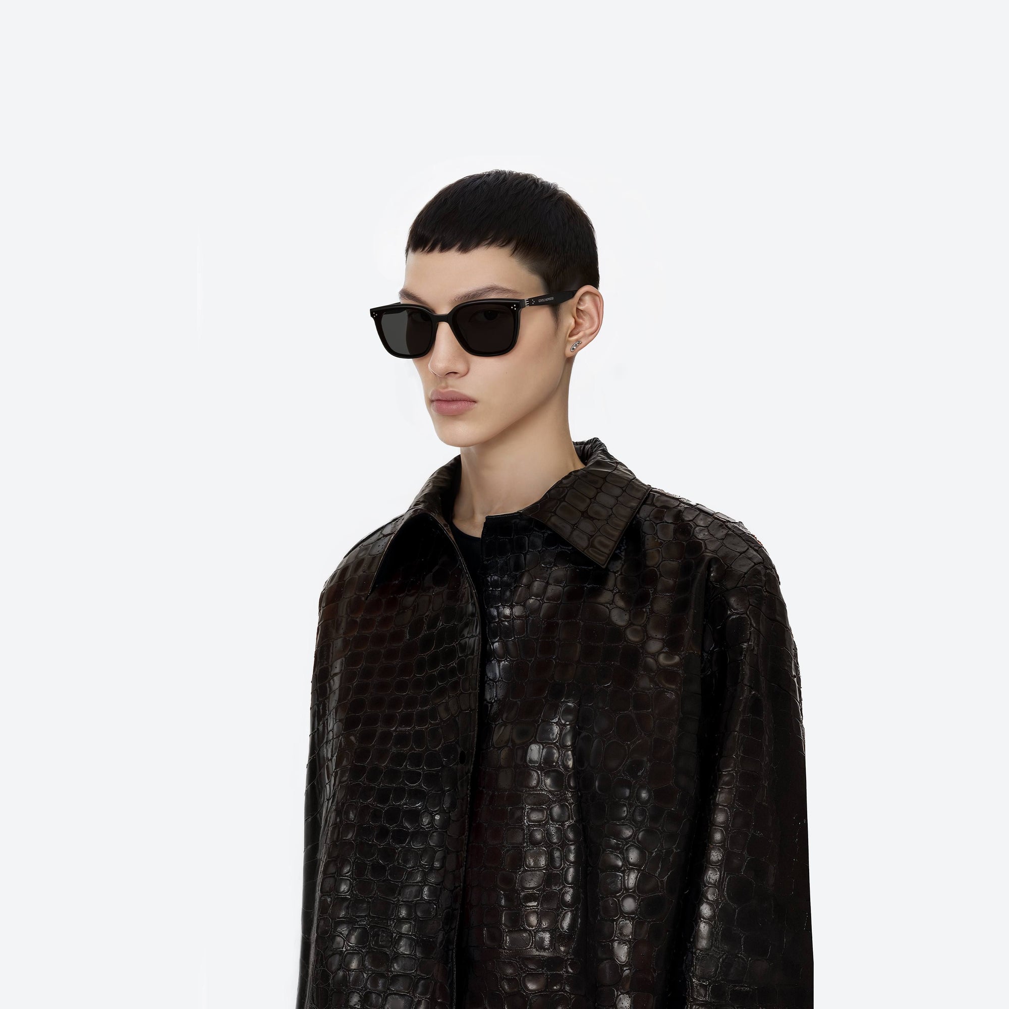 Model wearing the By Row 01 Black Acetate framed Square sunglasses.