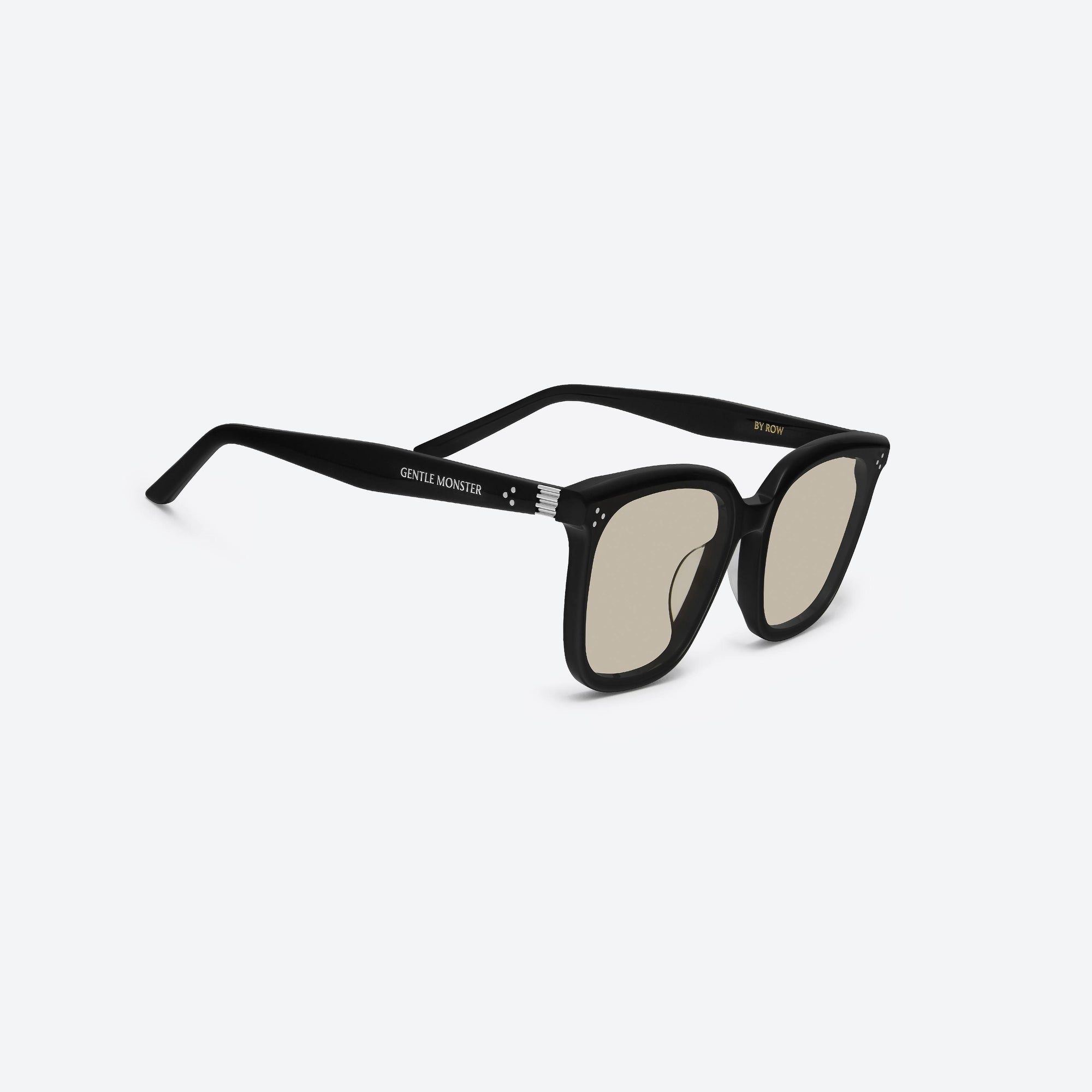 45-degree detailed view of Gentle Monster By Row 01(BR) Black Acetate framed Square sunglasses.