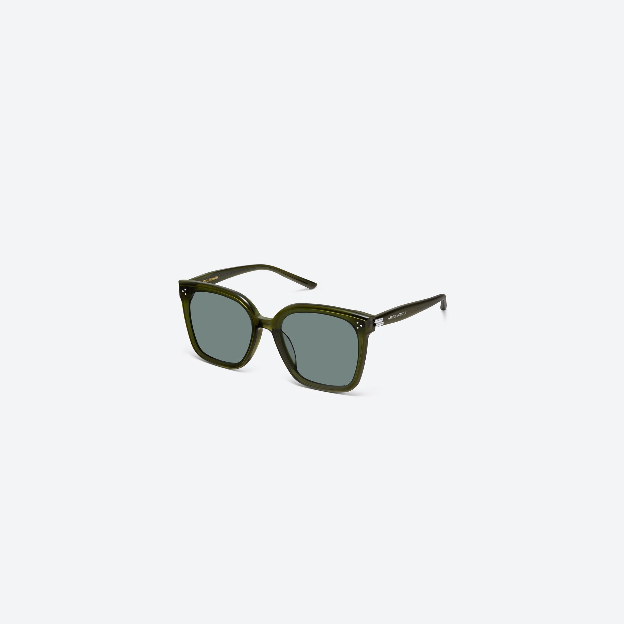 45-degree view of Gentle Monster New Her KC2 Green Acetate framed Square sunglasses.