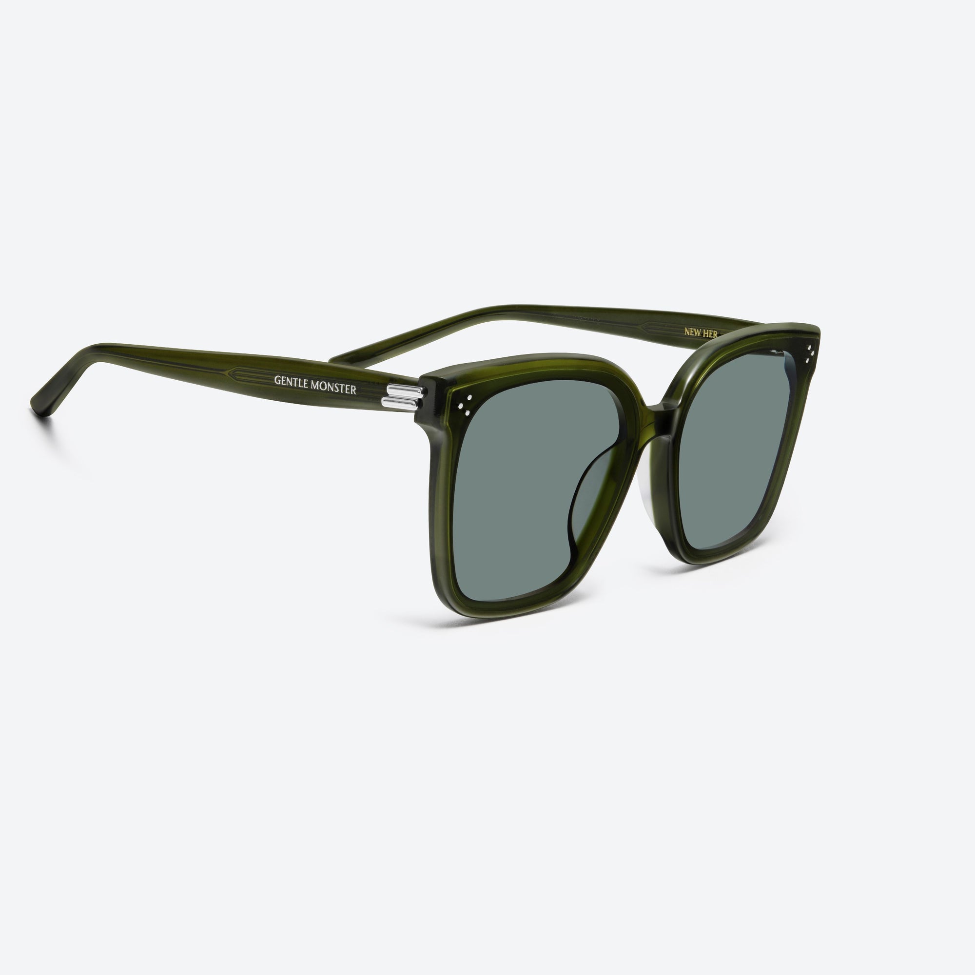 45-degree detailed view of Gentle Monster New Her KC2 Green Acetate framed Square sunglasses.
