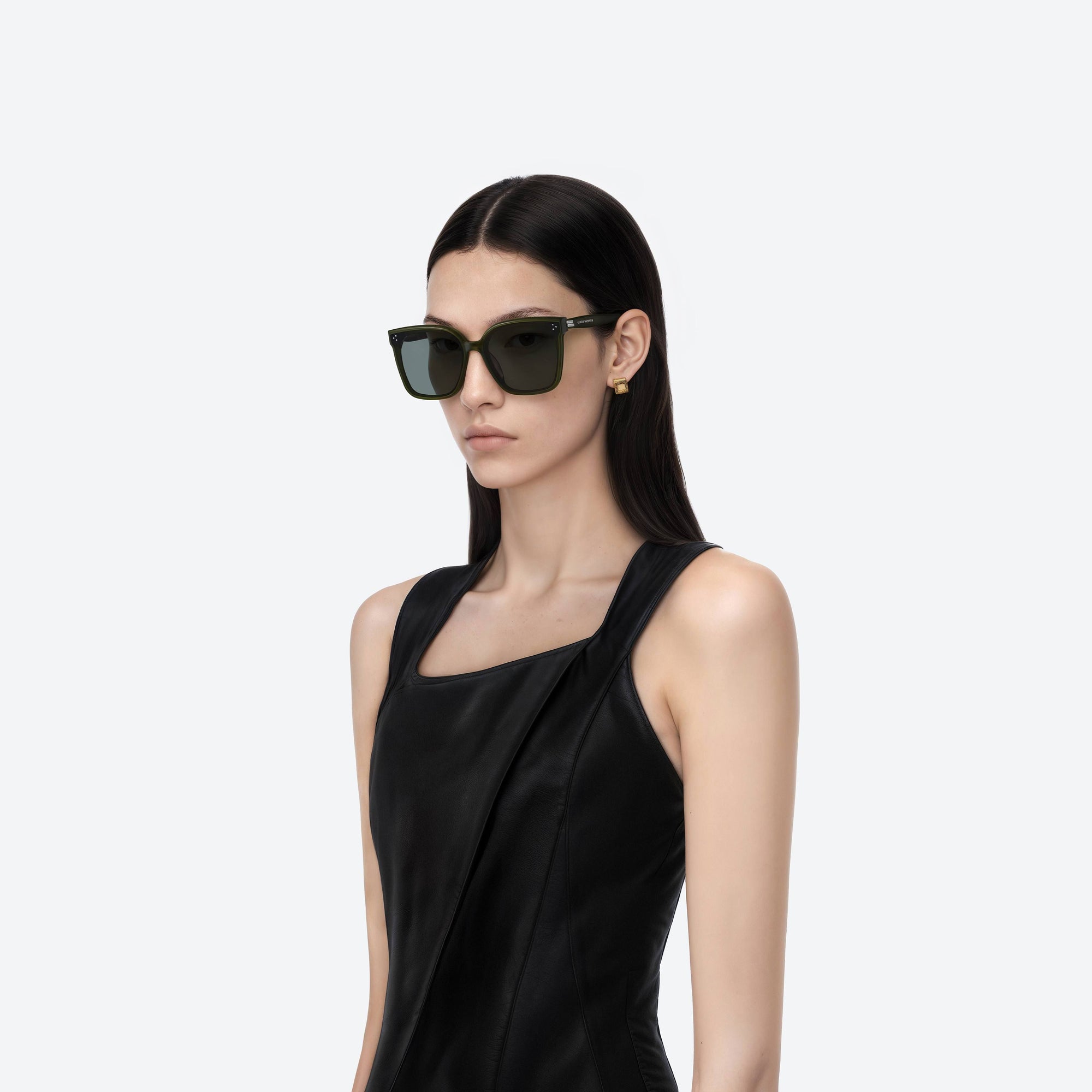 Model wearing the New Her KC2 Green Acetate framed Square sunglasses.
