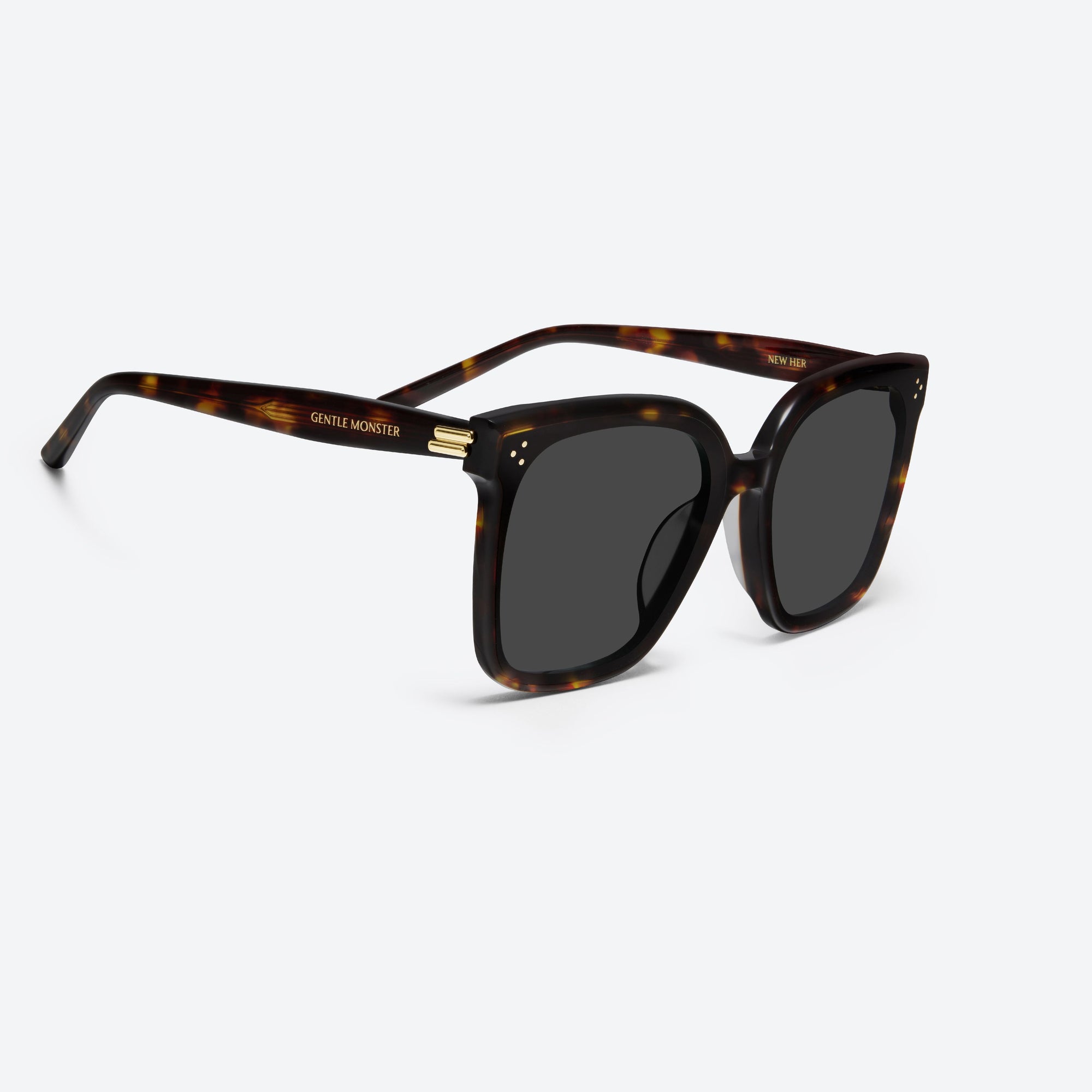 45-degree detailed view of Gentle Monster New Her T1 Tortoise Acetate framed Square sunglasses.