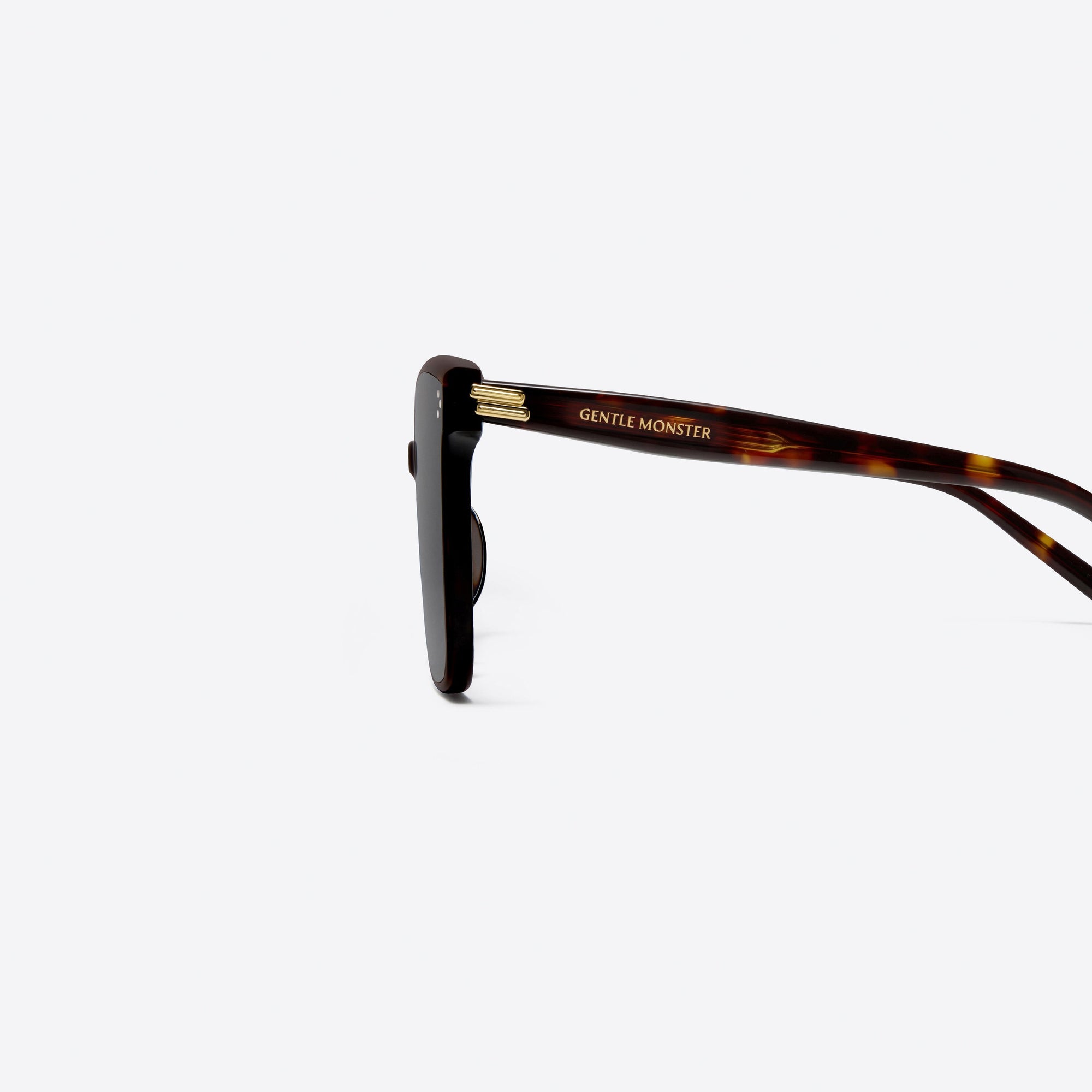 A detailed left view of Gentle Monster New Her T1 Tortoise Acetate framed Square sunglasses.