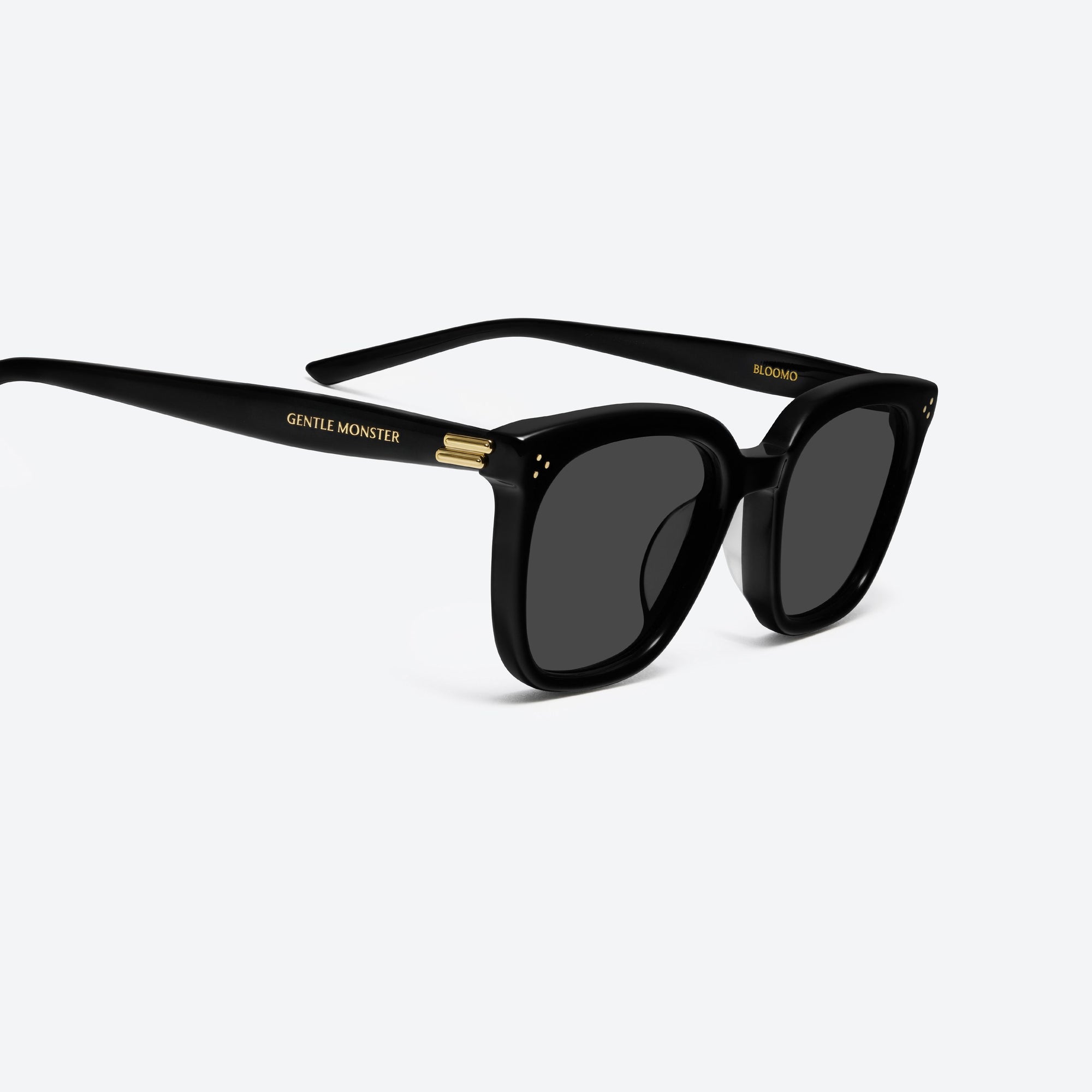 45-degree detailed view of Gentle Monster Bloomo 01 Black Acetate framed Square sunglasses.
