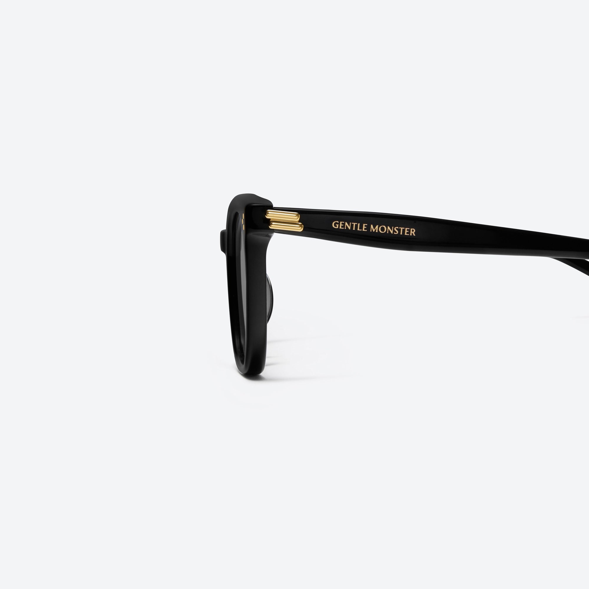 A detailed left view of Gentle Monster Bloomo 01 Black Acetate framed Square sunglasses.