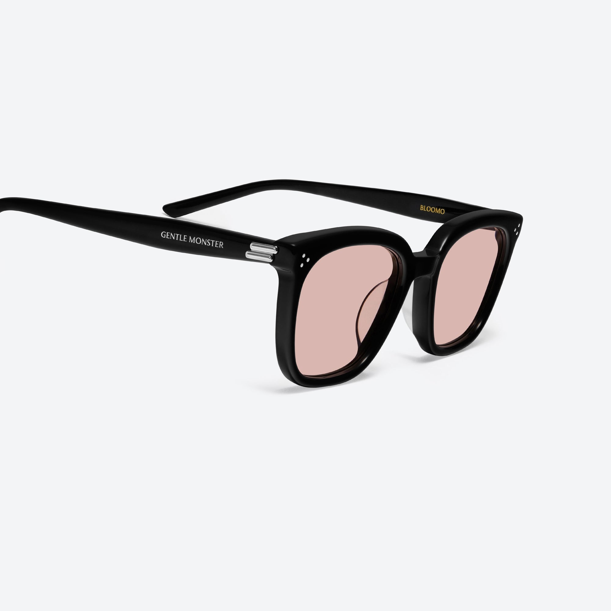 45-degree detailed view of Gentle Monster Bloomo 01(OR) Black Acetate framed Square sunglasses.