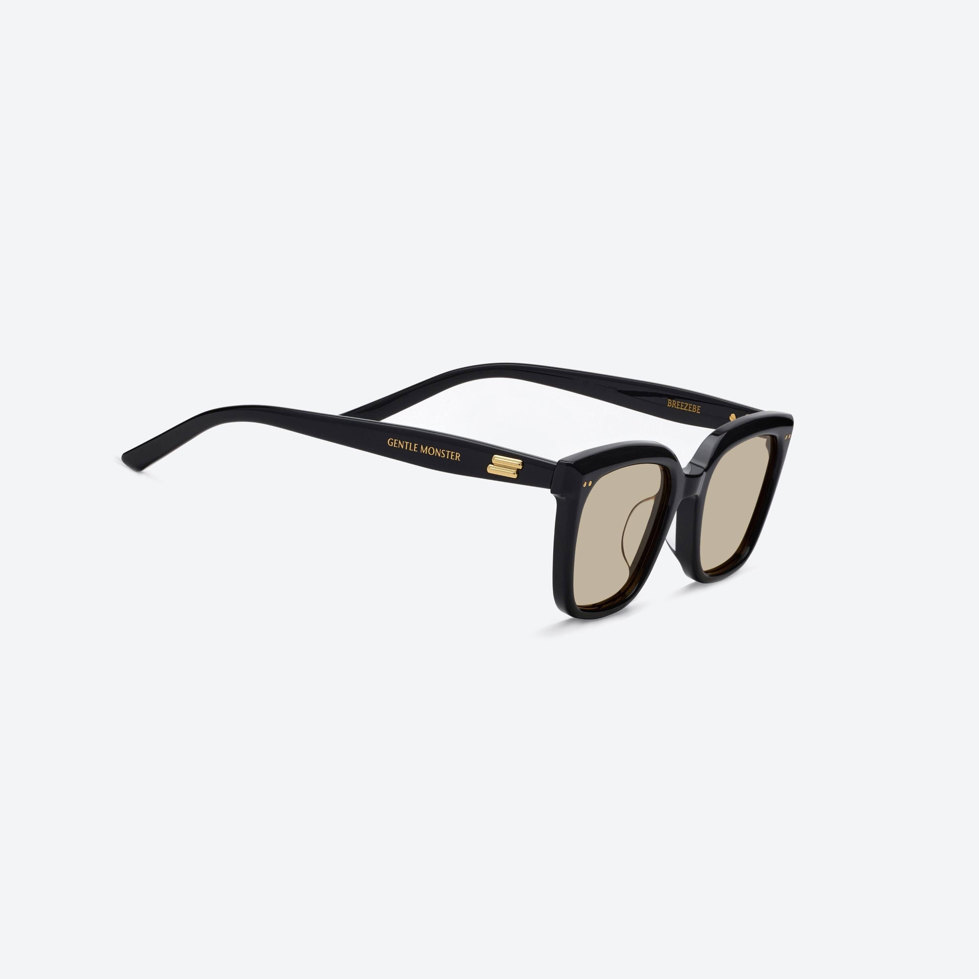 45-degree detailed view of Gentle Monster Breezebe 01(BR) Black Acetate framed Square sunglasses.