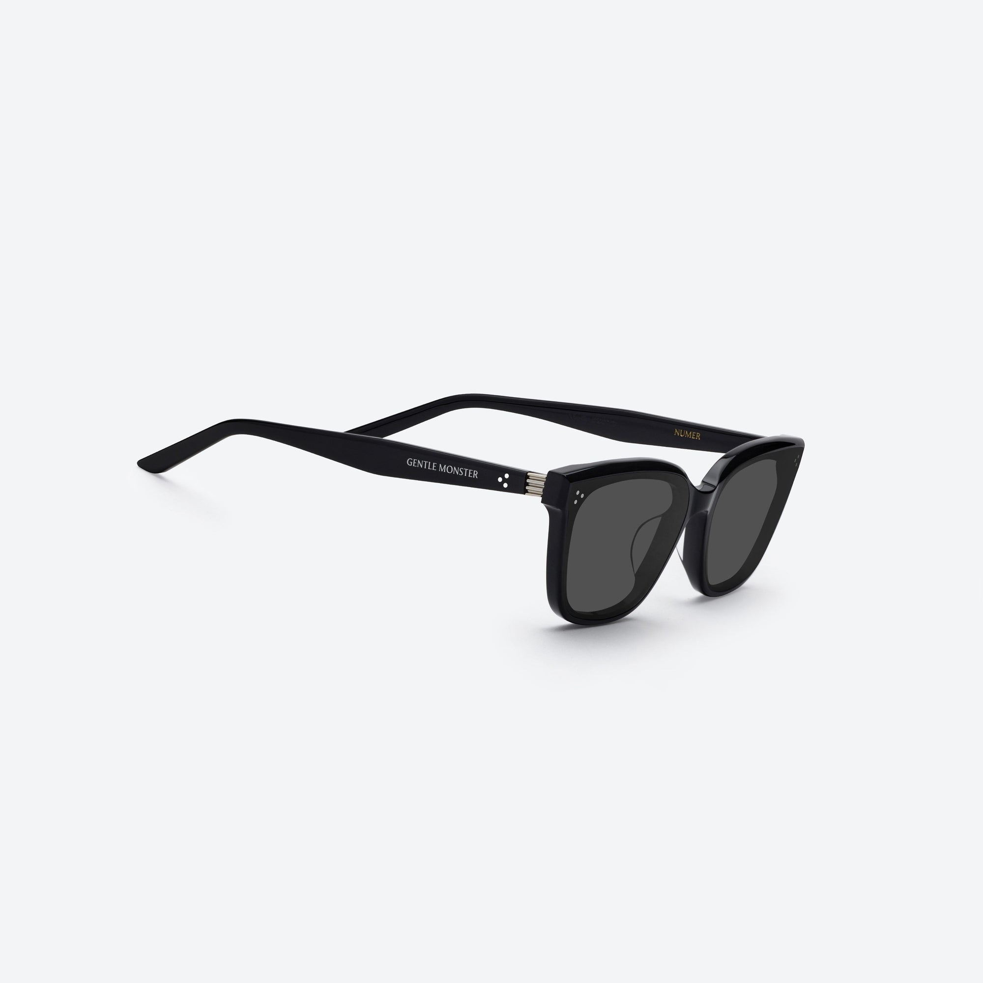 45-degree detailed view of Gentle Monster Numer 01 Black Acetate framed Square sunglasses.