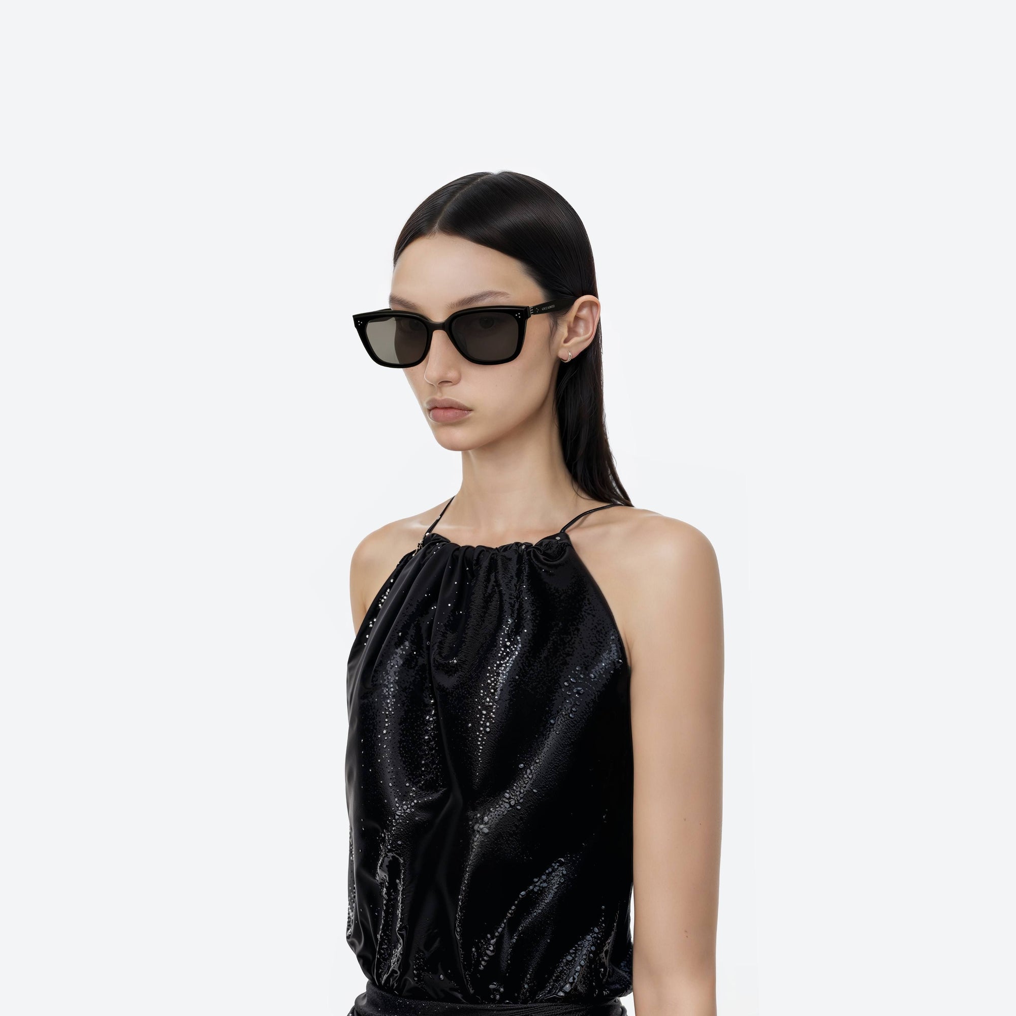 Model wearing the Numer 01(G) Similar Black Acetate framed Square sunglasses.