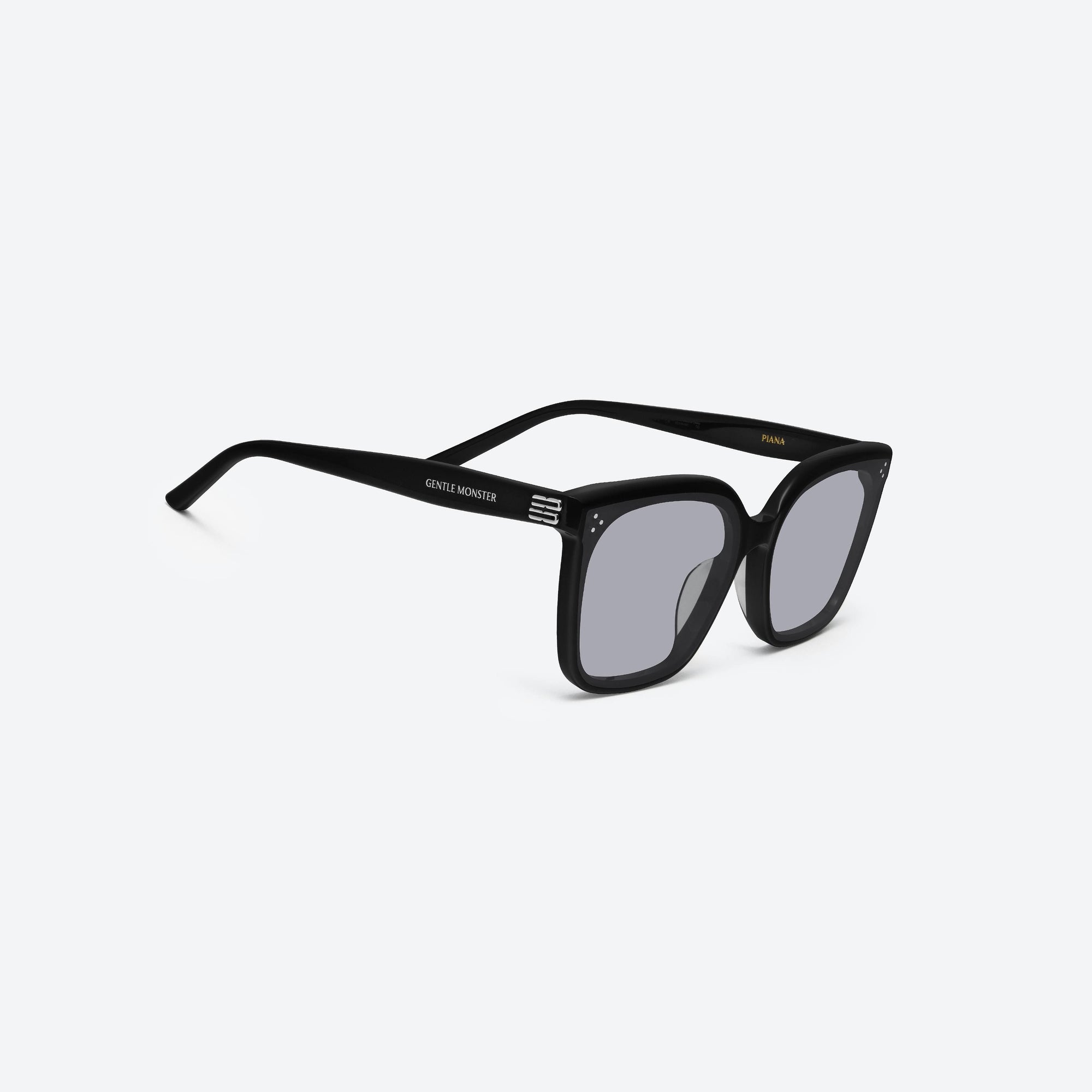 45-degree detailed view of Gentle Monster Piana 01(G) Black Acetate framed Square sunglasses.